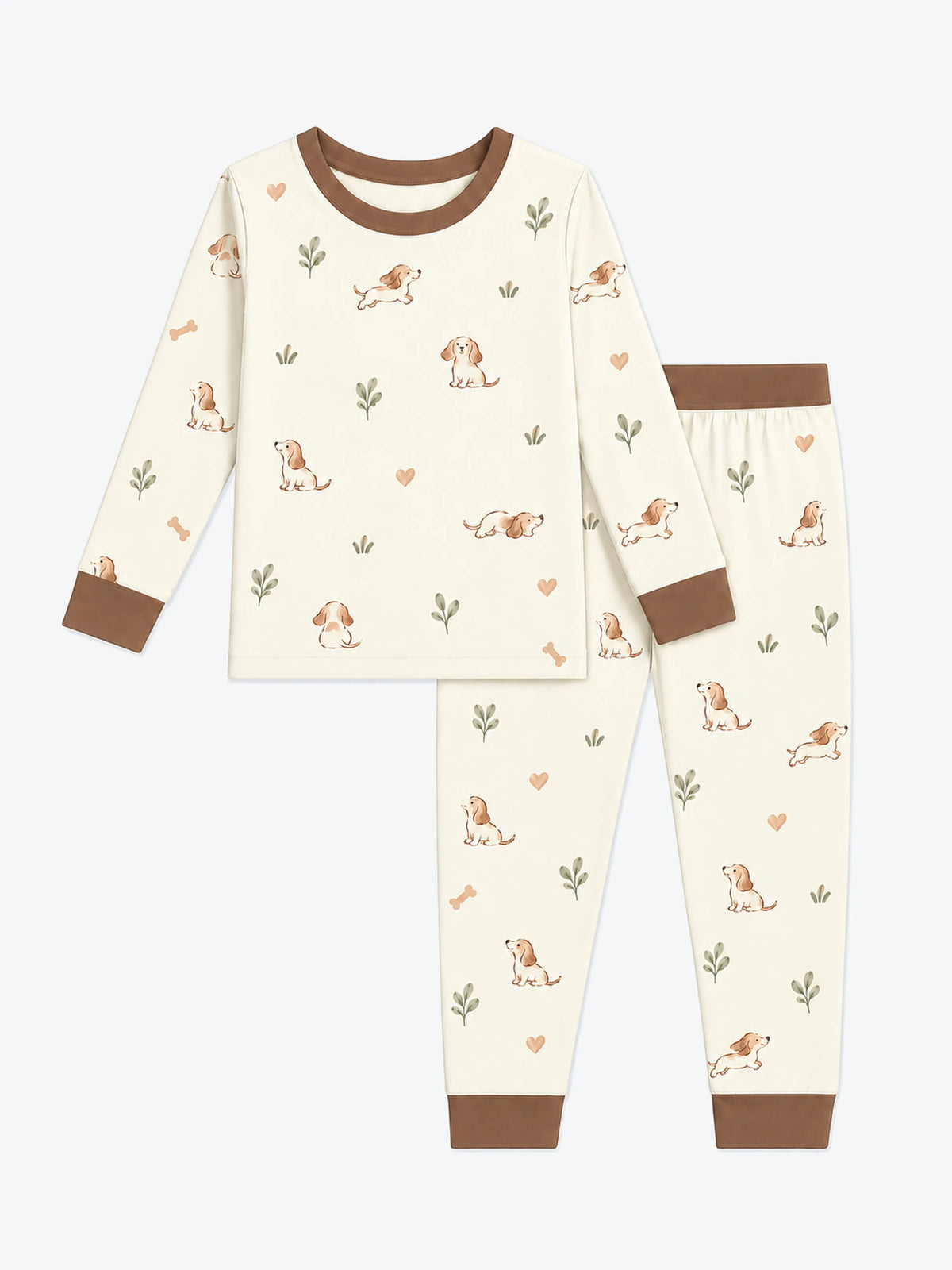 MossiBaby doxie dreams long sleeve pajama set featuring delicate dachshund drawings on soft ivory