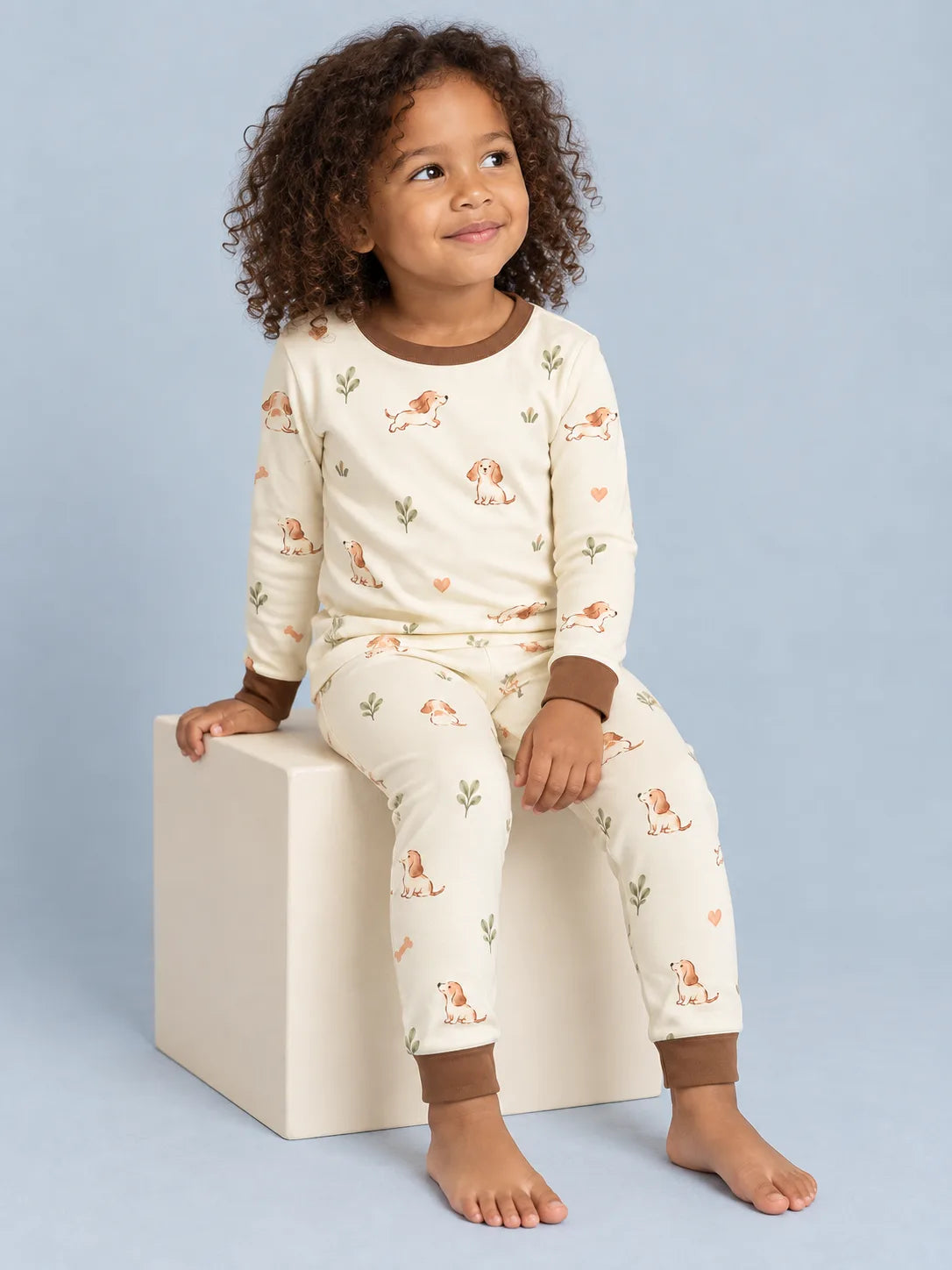 Child wearing the MossiBaby doxie dreams long sleeve pajama set against a pale studio backdrop