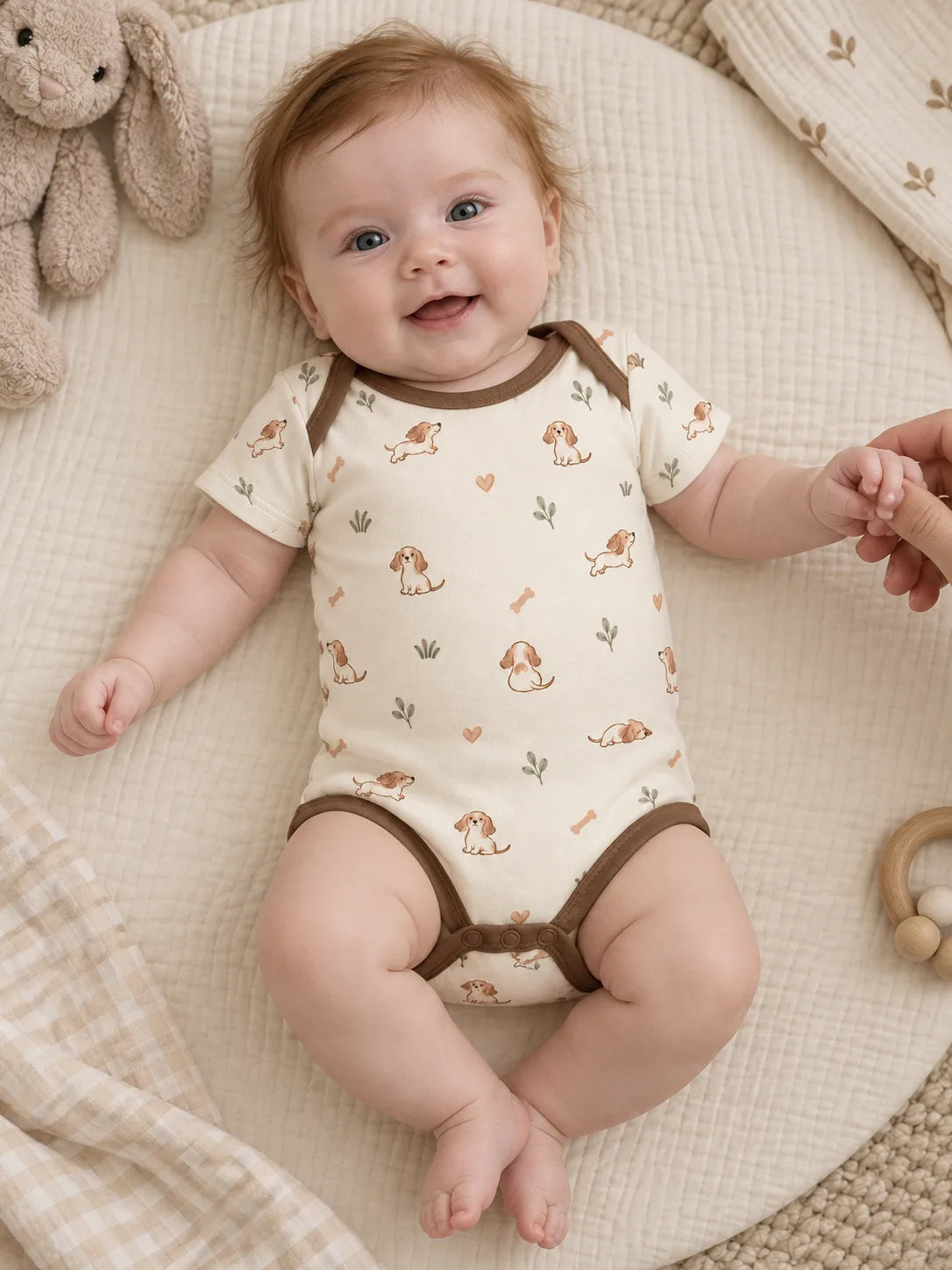 Baby wearing the MossiBaby doxie dreams short sleeve bodysuit in an indoor lifestyle scene