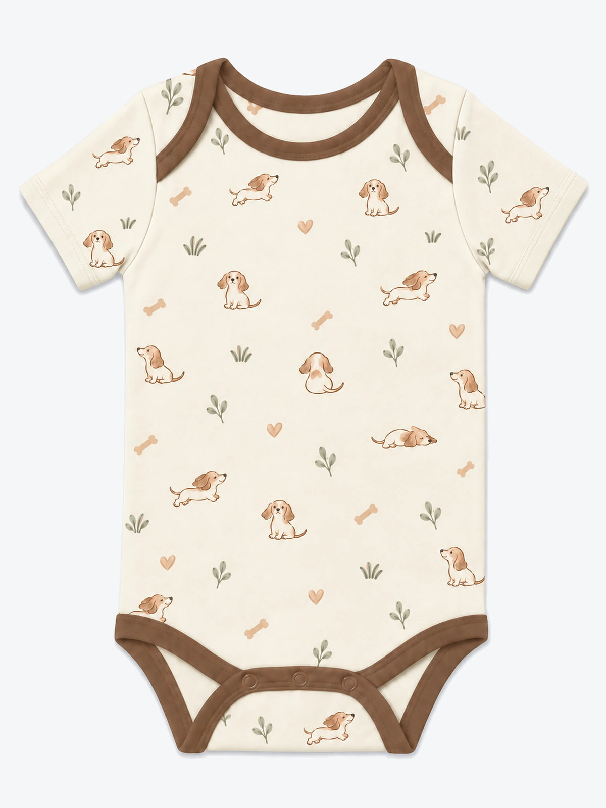 MossiBaby doxie dreams short sleeve bodysuit featuring delicate dachshund drawings on soft ivory