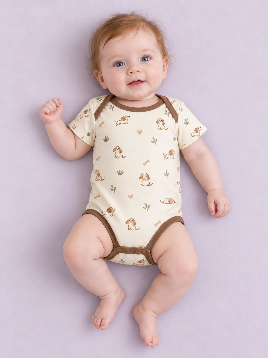 Baby wearing the MossiBaby doxie dreams short sleeve bodysuit against a pale studio backdrop