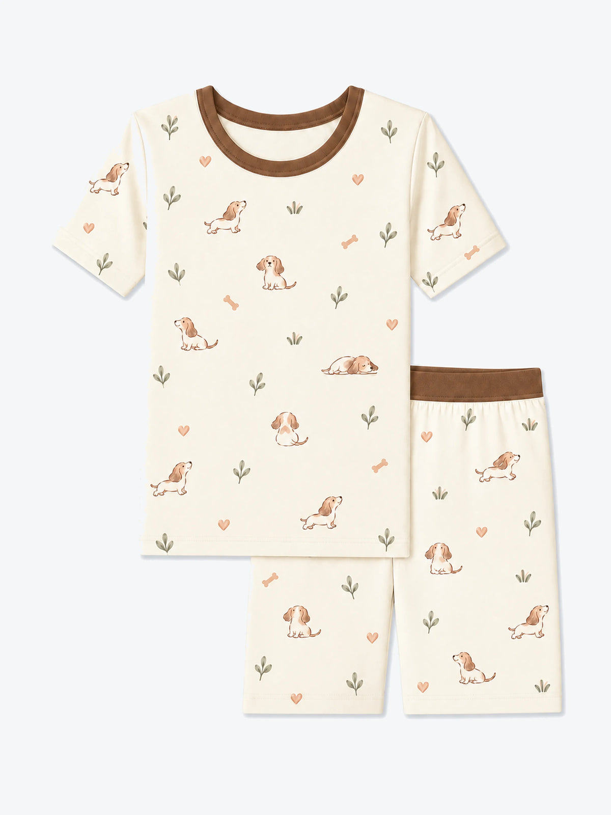 MossiBaby doxie dreams short sleeve pajama set featuring delicate dachshund drawings on soft ivory