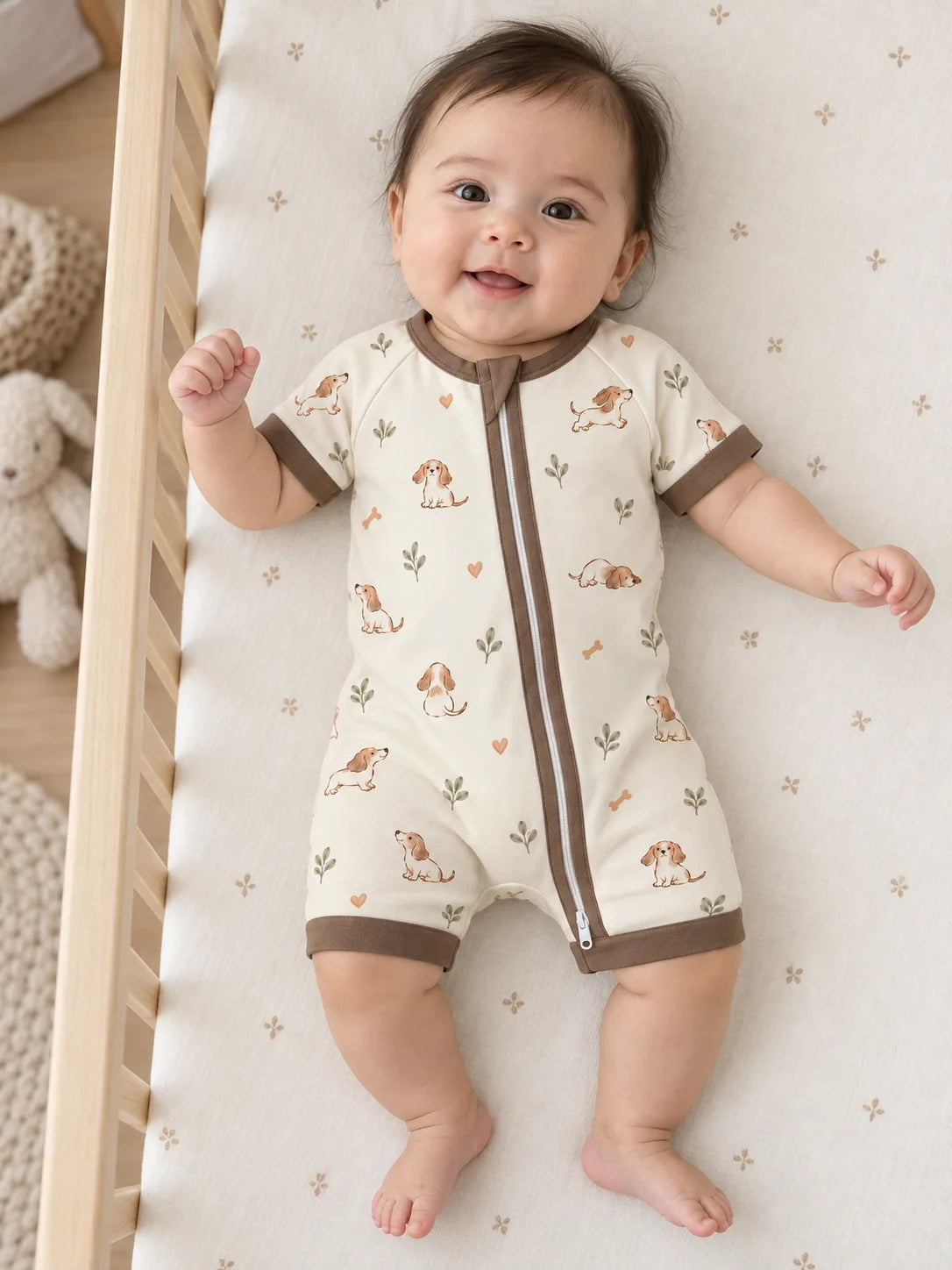 Baby wearing the MossiBaby doxie dreams shorty romper in an indoor lifestyle scene
