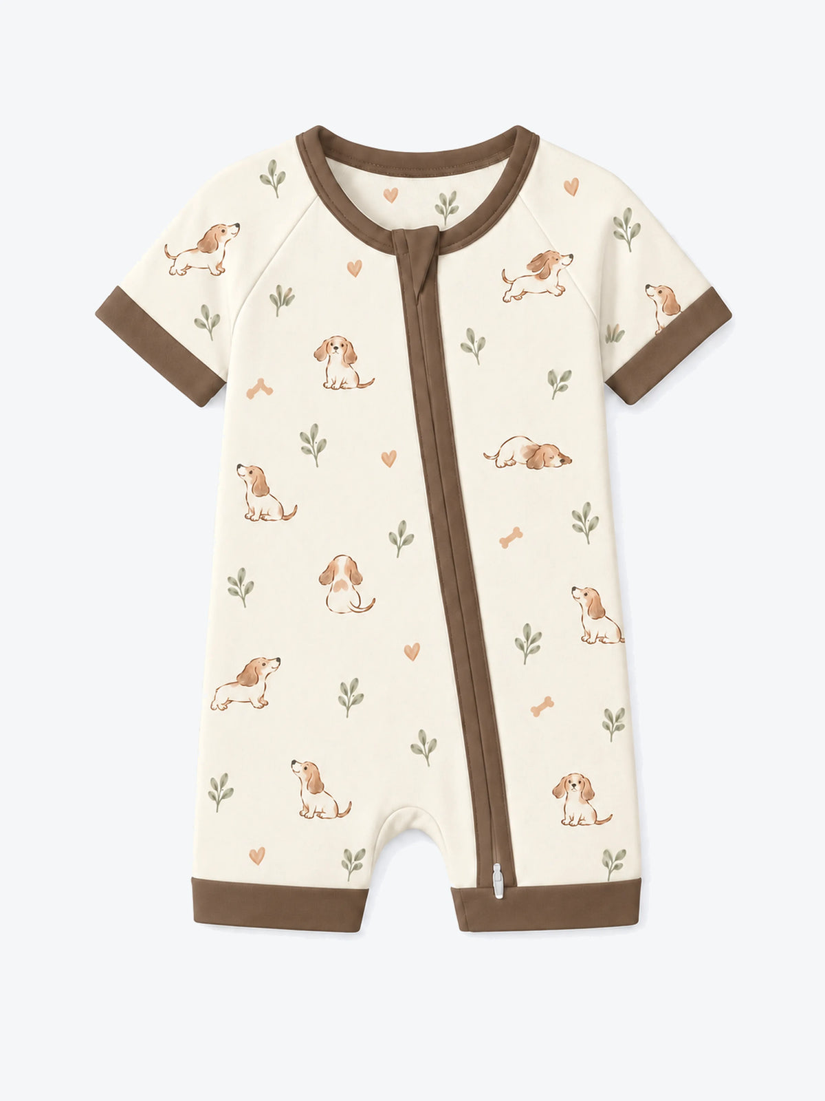 MossiBaby doxie dreams shorty romper featuring delicate dachshund drawings on soft ivory