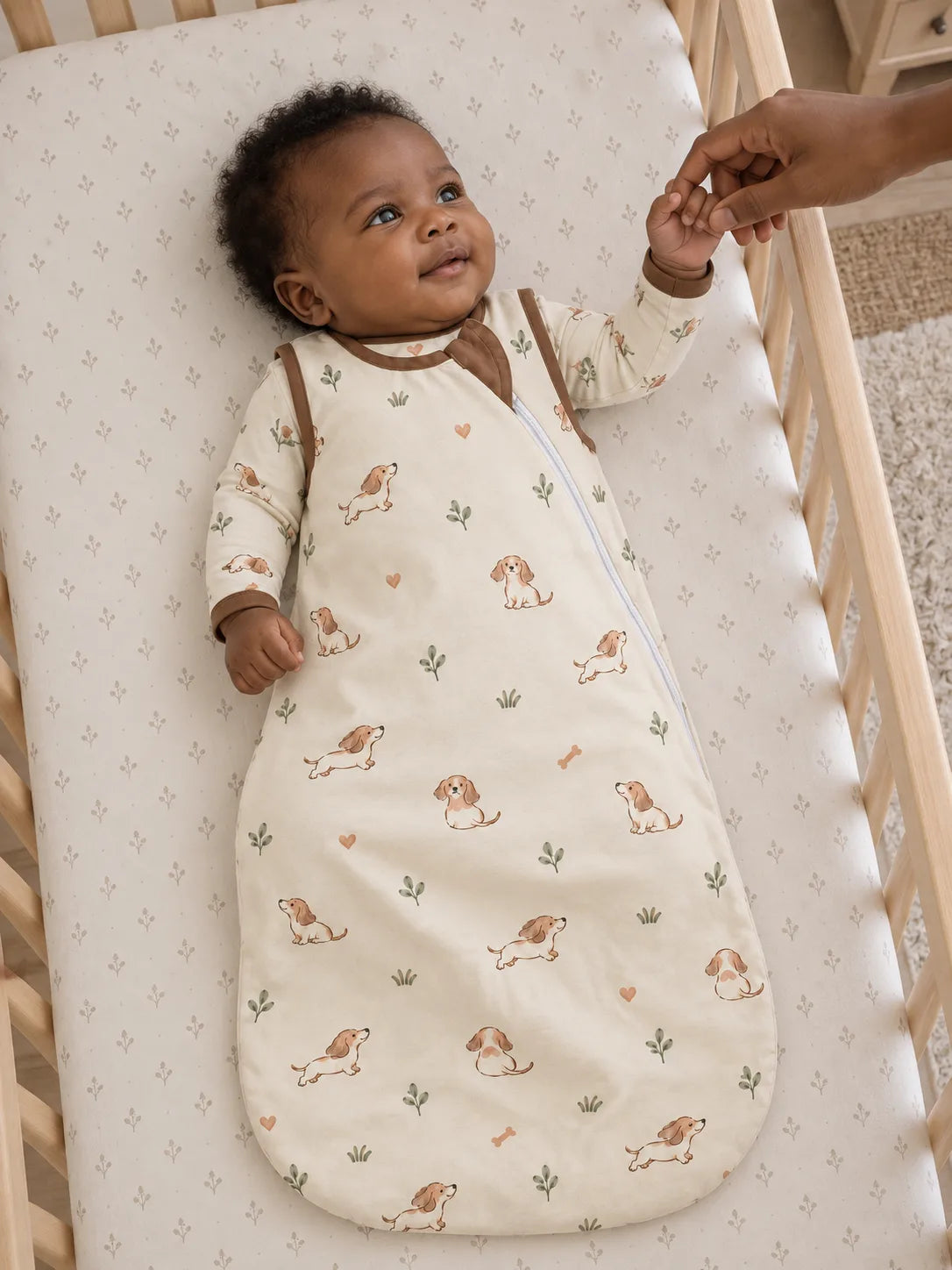 Baby wearing the MossiBaby doxie dreams sleep bag in an indoor lifestyle scene