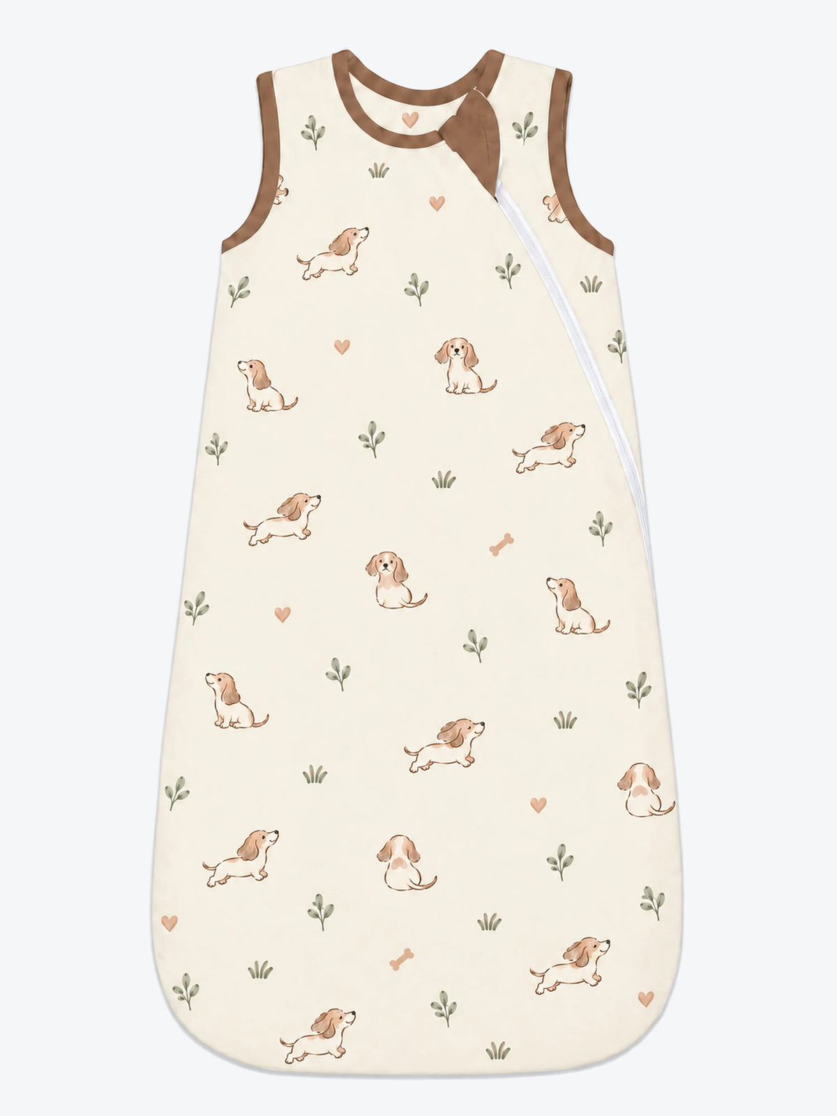 MossiBaby doxie dreams sleep bag featuring delicate dachshund drawings on soft ivory