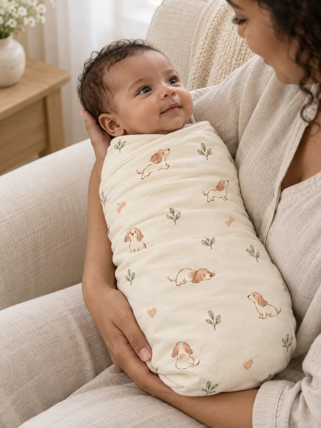 Baby wrapped in the MossiBaby doxie dreams swaddle blanket in an indoor lifestyle scene