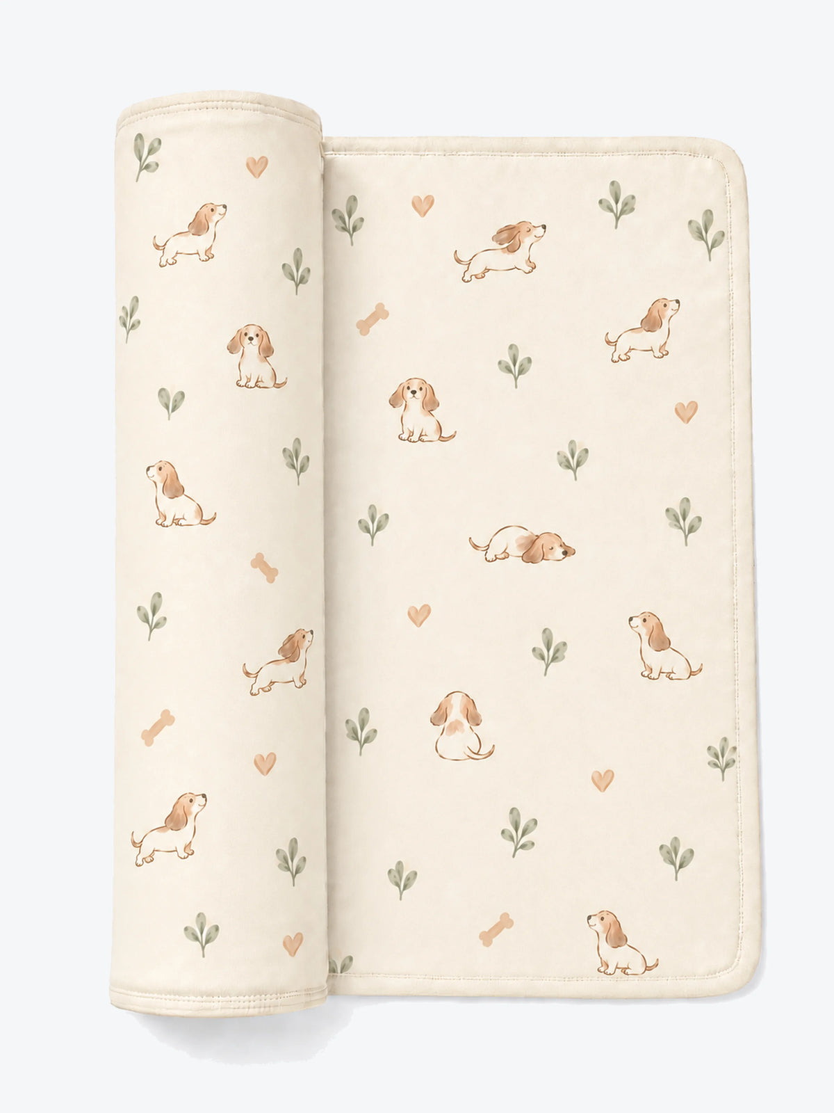 MossiBaby doxie dreams swaddle blanket featuring delicate dachshund drawings on soft ivory