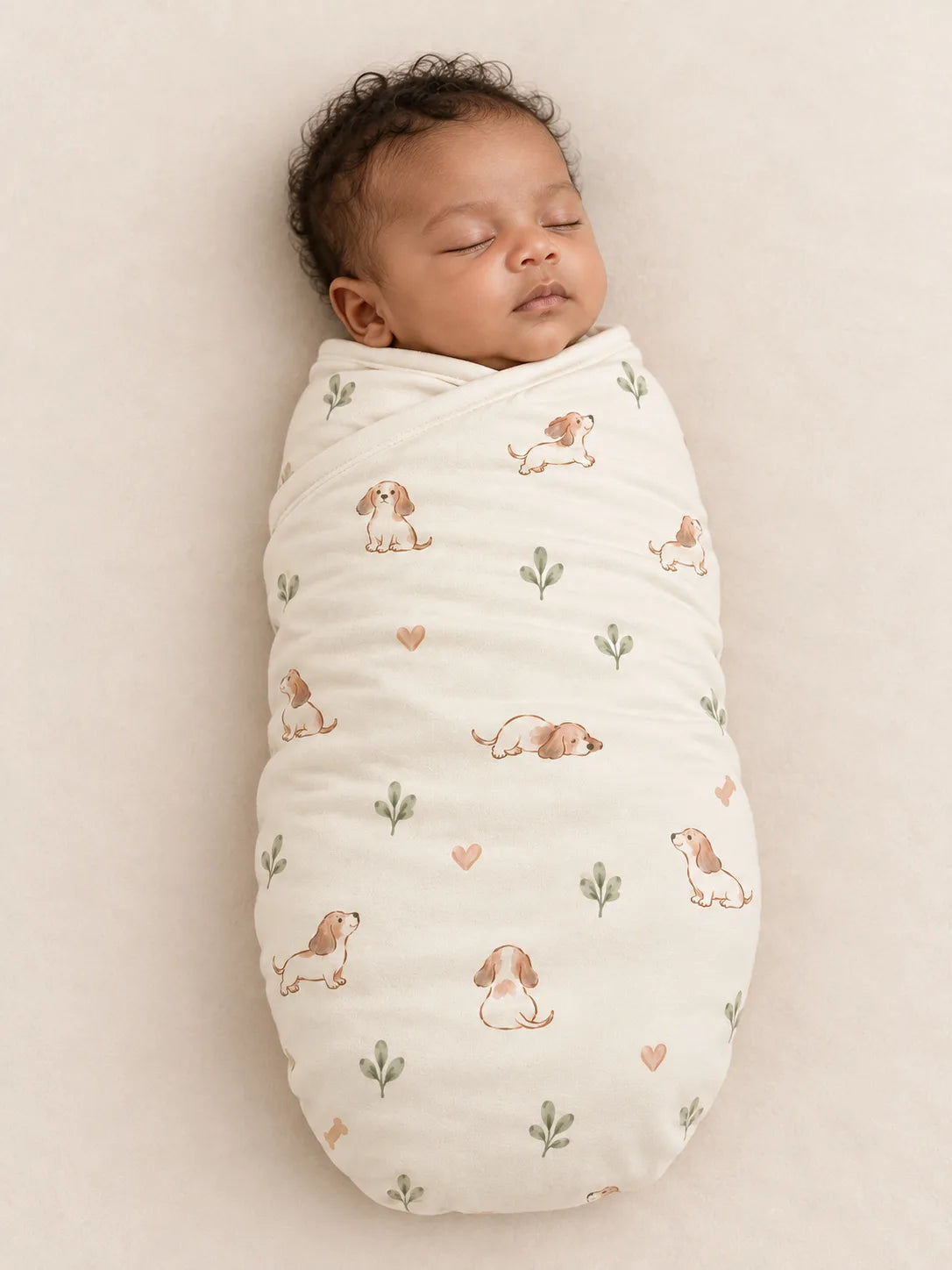 Baby wrapped in the MossiBaby doxie dreams swaddle blanket against a pale studio backdrop