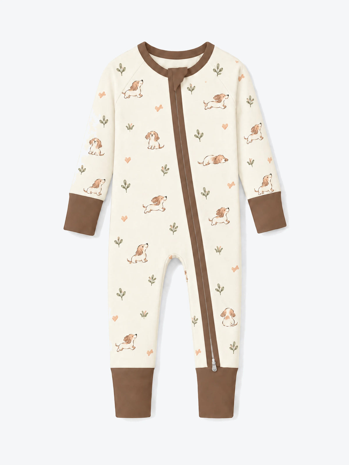MossiBaby doxie dreams zipper romper featuring delicate dachshund drawings on soft ivory