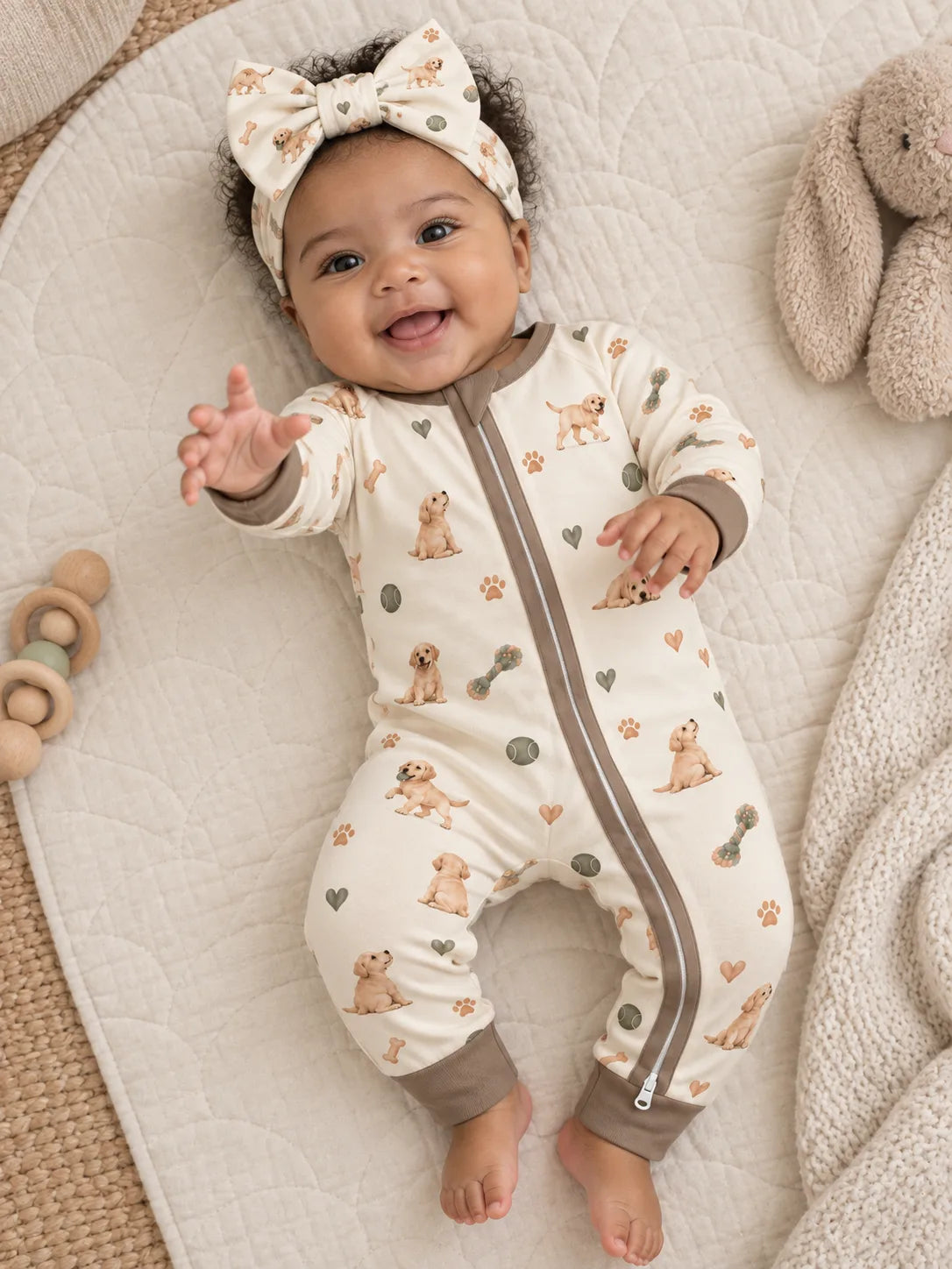 Baby wearing the MossiBaby Little Labradors bow headband with a matching zipper romper at home