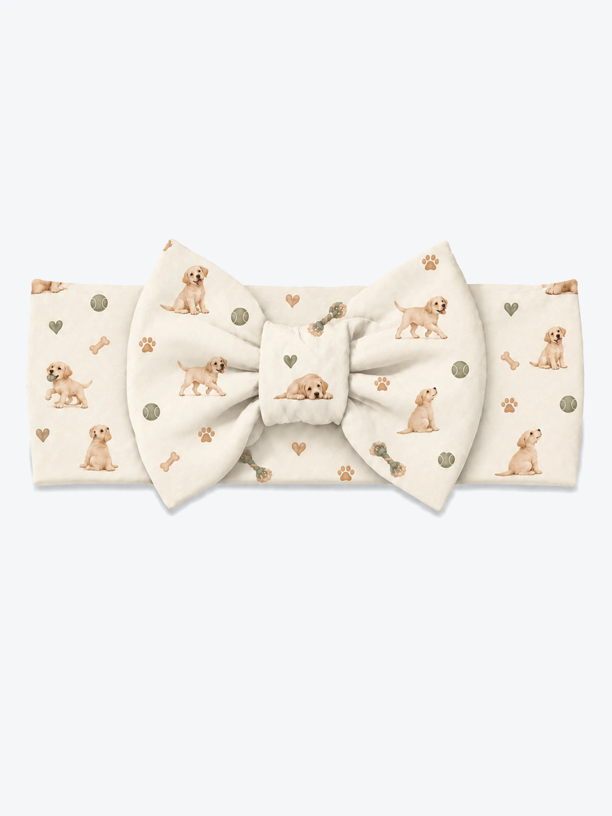 MossiBaby little labradors bow headband featuring golden Labrador puppies and toys on warm ivory