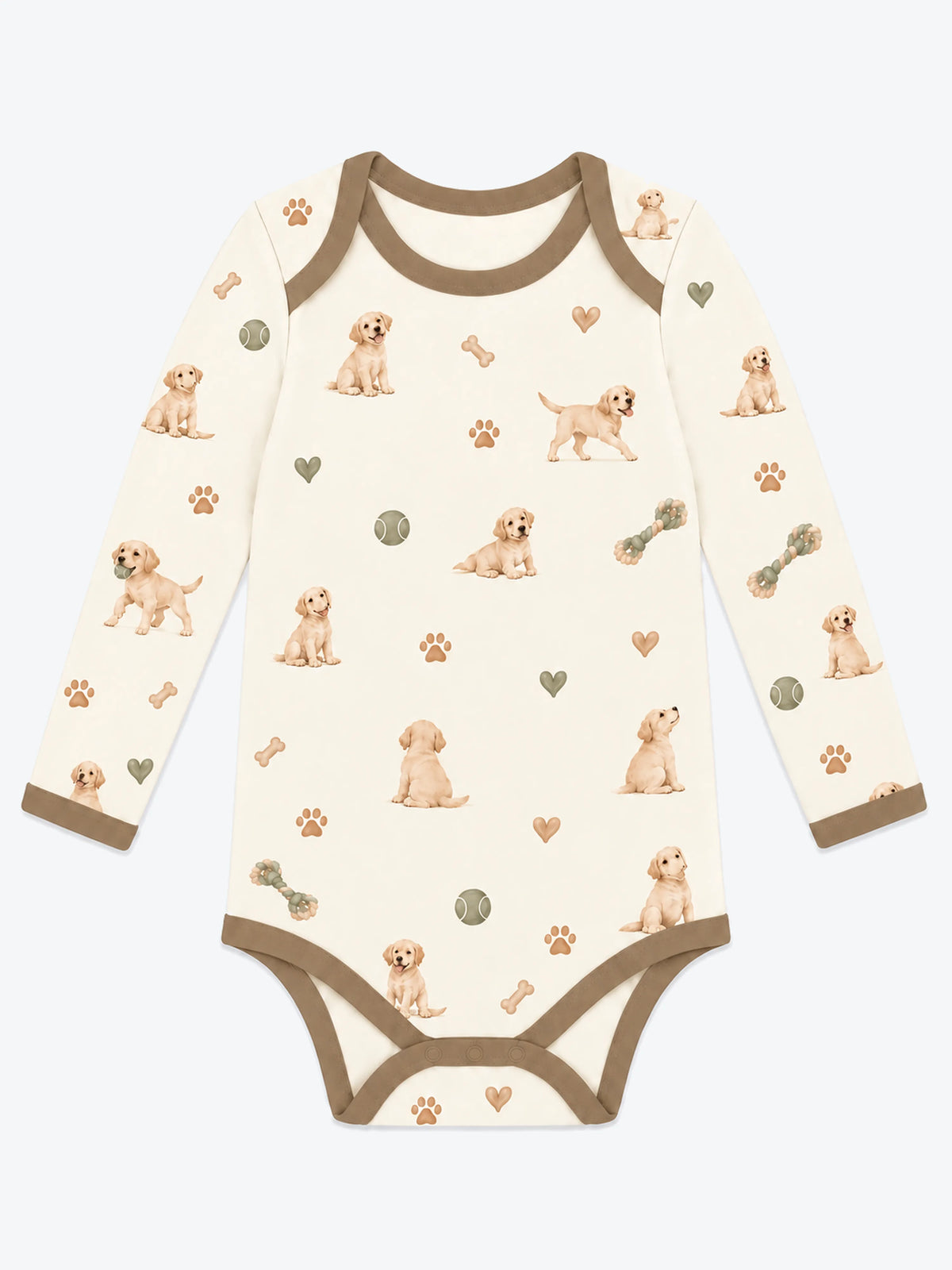 MossiBaby little labradors long sleeve bodysuit featuring golden Labrador puppies and toys on warm ivory