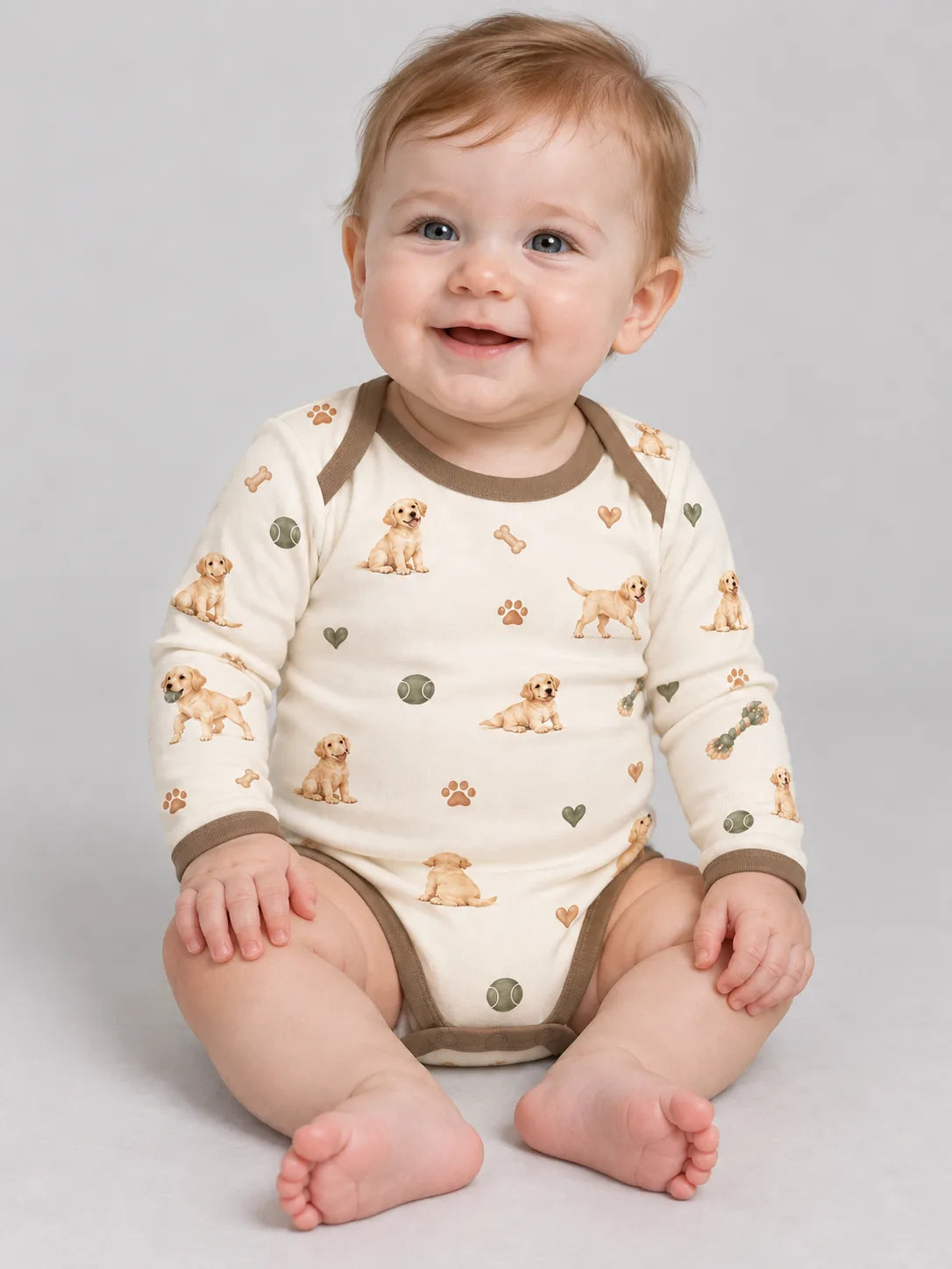 Baby wearing the MossiBaby little labradors long sleeve bodysuit against a pale studio backdrop
