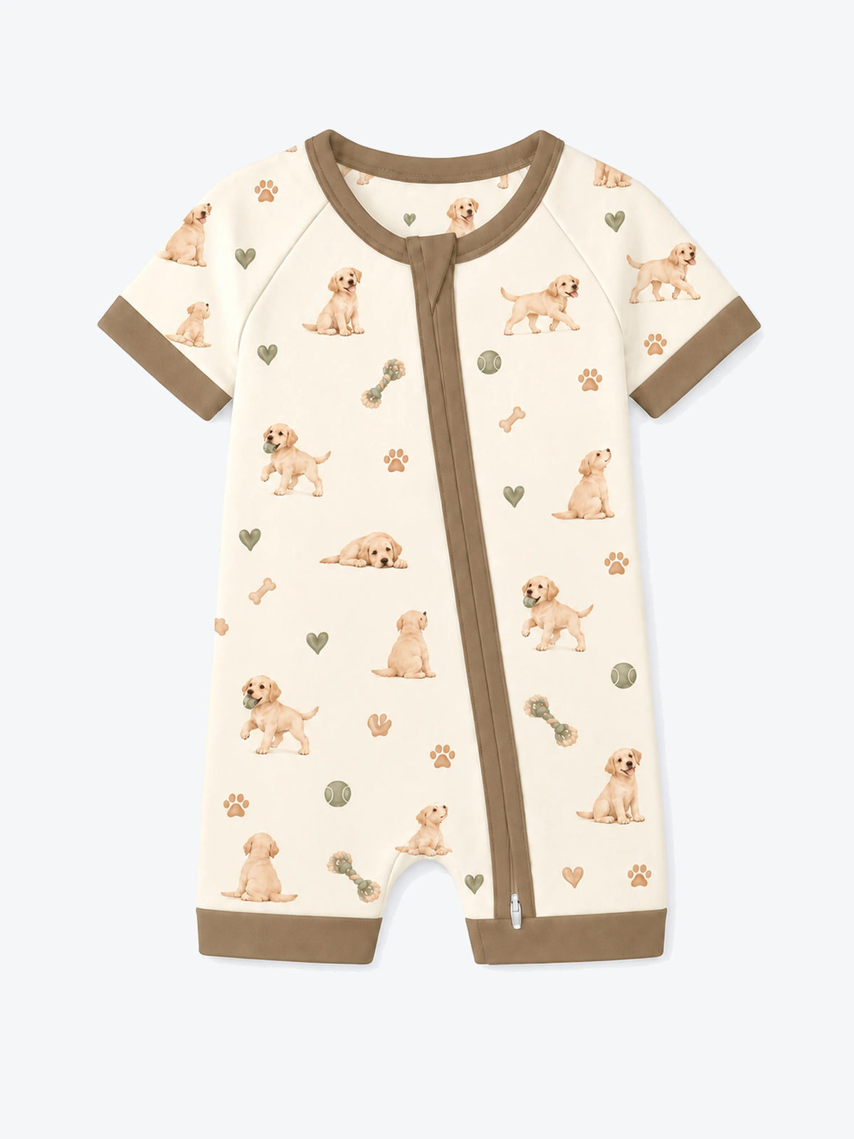 MossiBaby little labradors shorty romper featuring golden Labrador puppies and toys on warm ivory