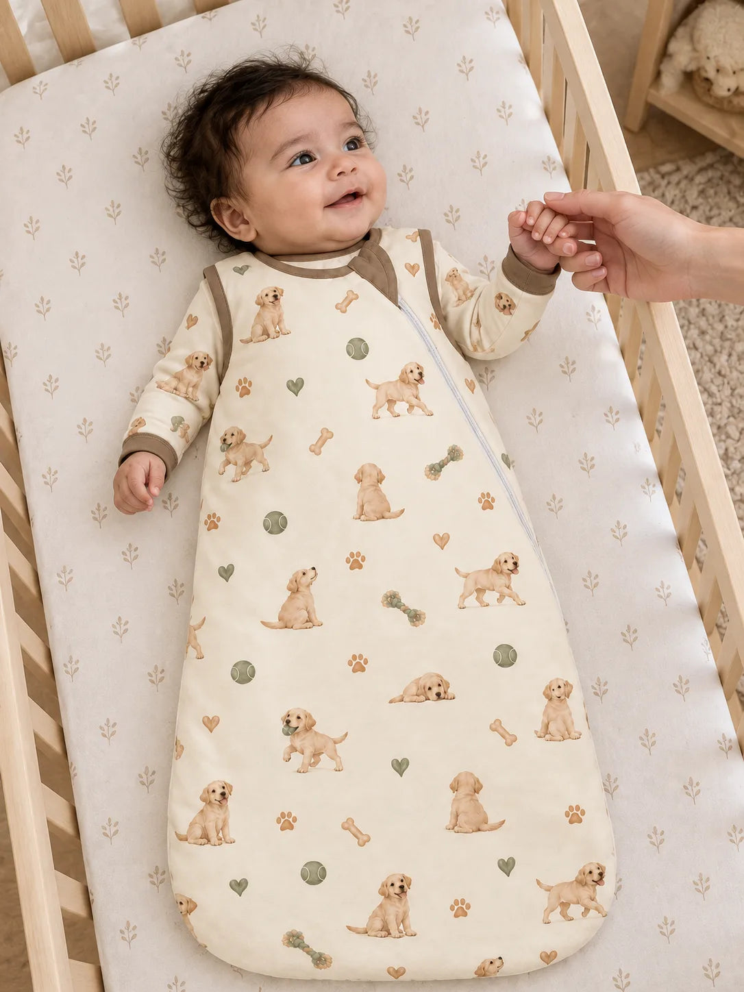 Baby wearing the MossiBaby little labradors sleep bag in an indoor lifestyle scene