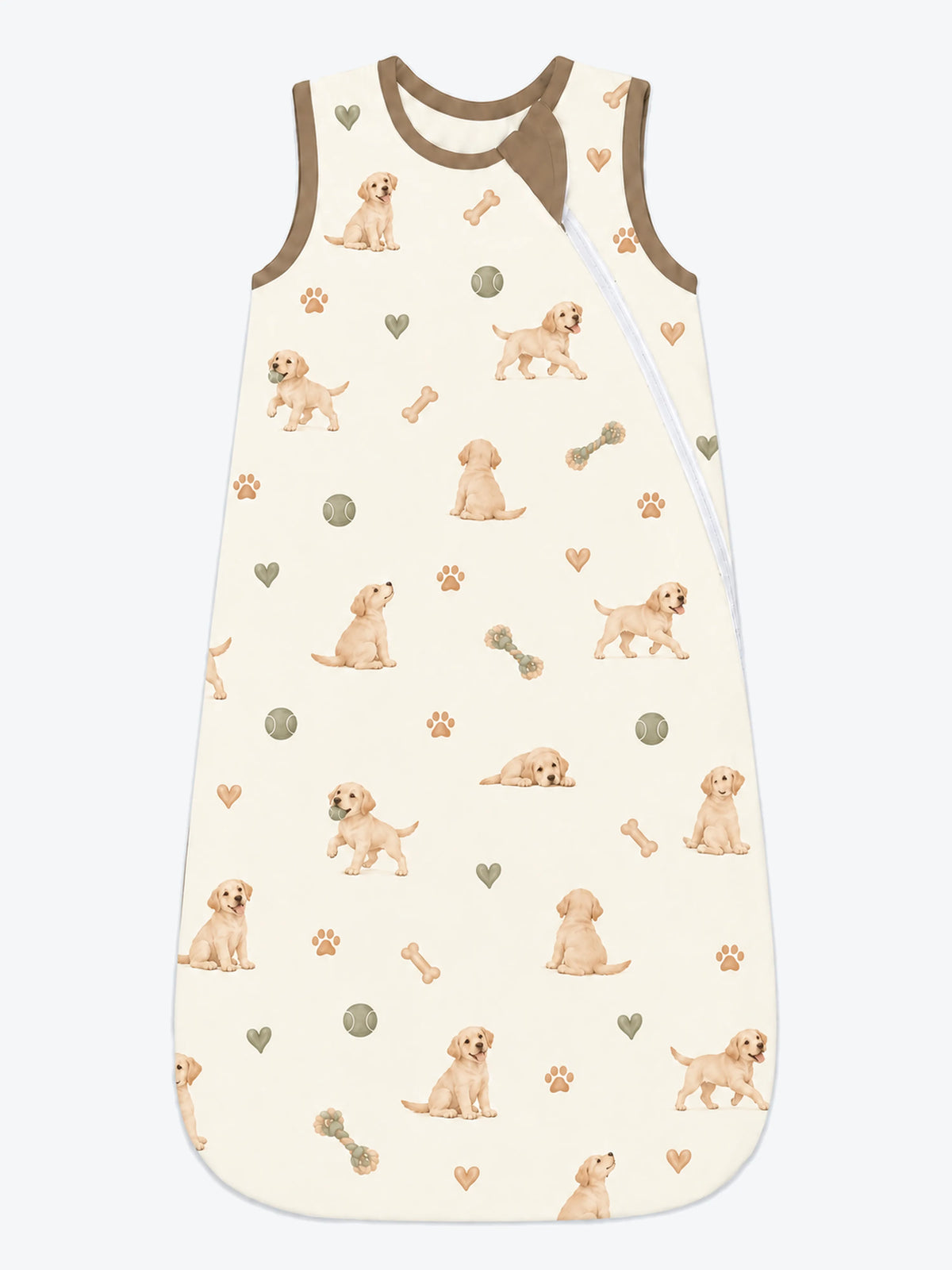MossiBaby little labradors sleep bag featuring golden Labrador puppies and toys on warm ivory
