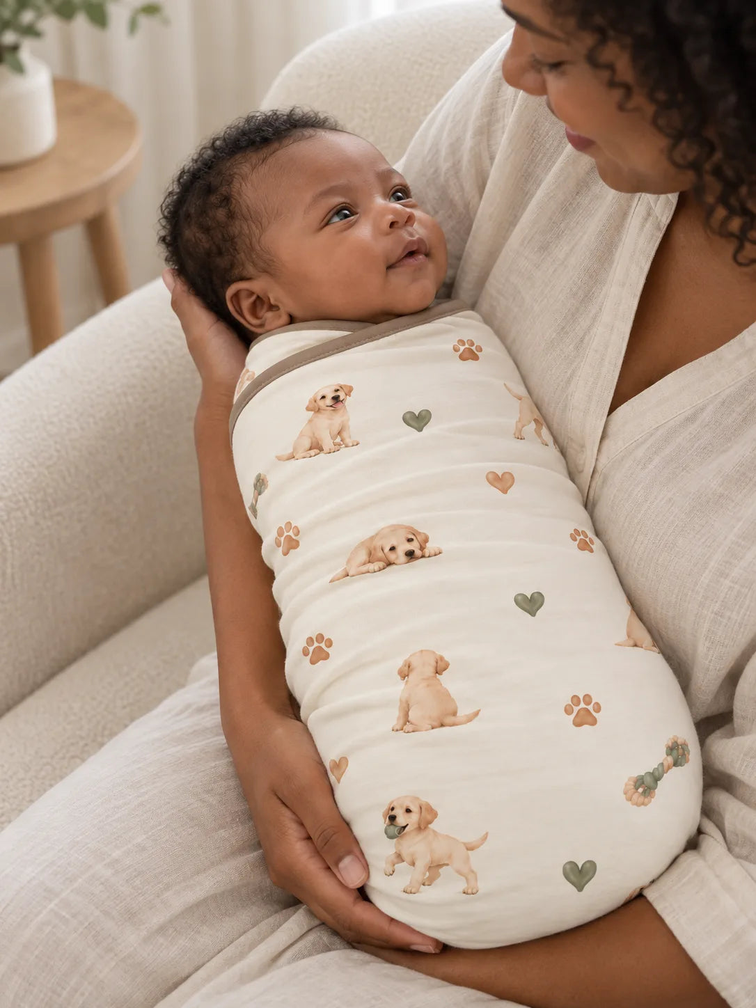 Baby wrapped in the MossiBaby little labradors swaddle blanket in an indoor lifestyle scene