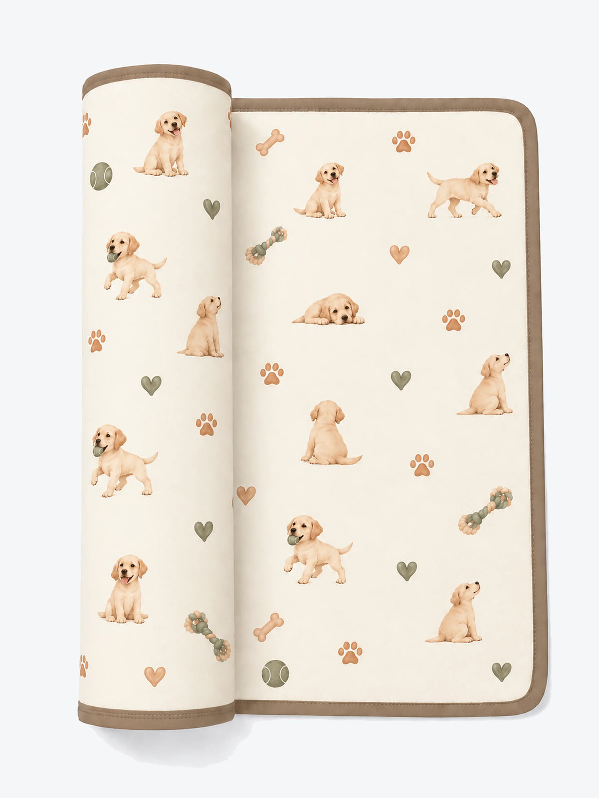 MossiBaby little labradors swaddle blanket featuring golden Labrador puppies and toys on warm ivory