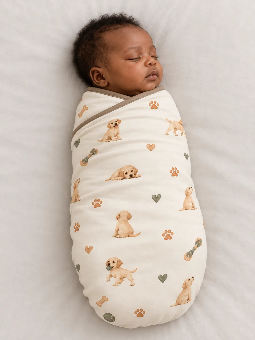Baby wrapped in the MossiBaby little labradors swaddle blanket against a pale studio backdrop