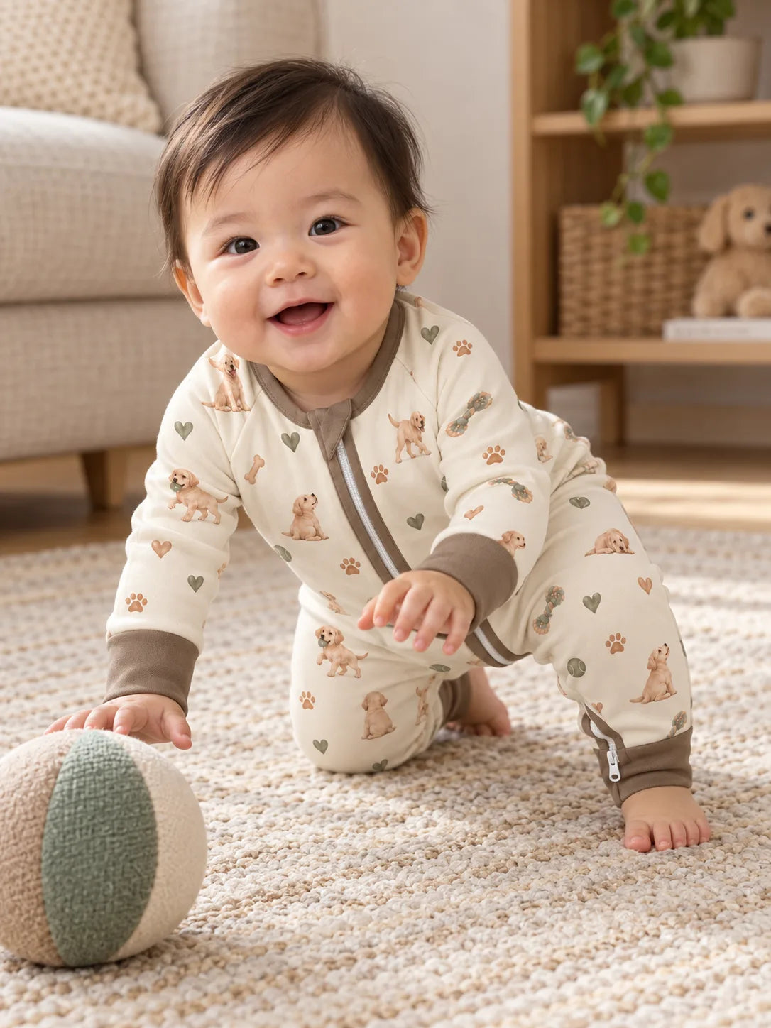Baby wearing the MossiBaby little labradors zipper romper in an indoor lifestyle scene