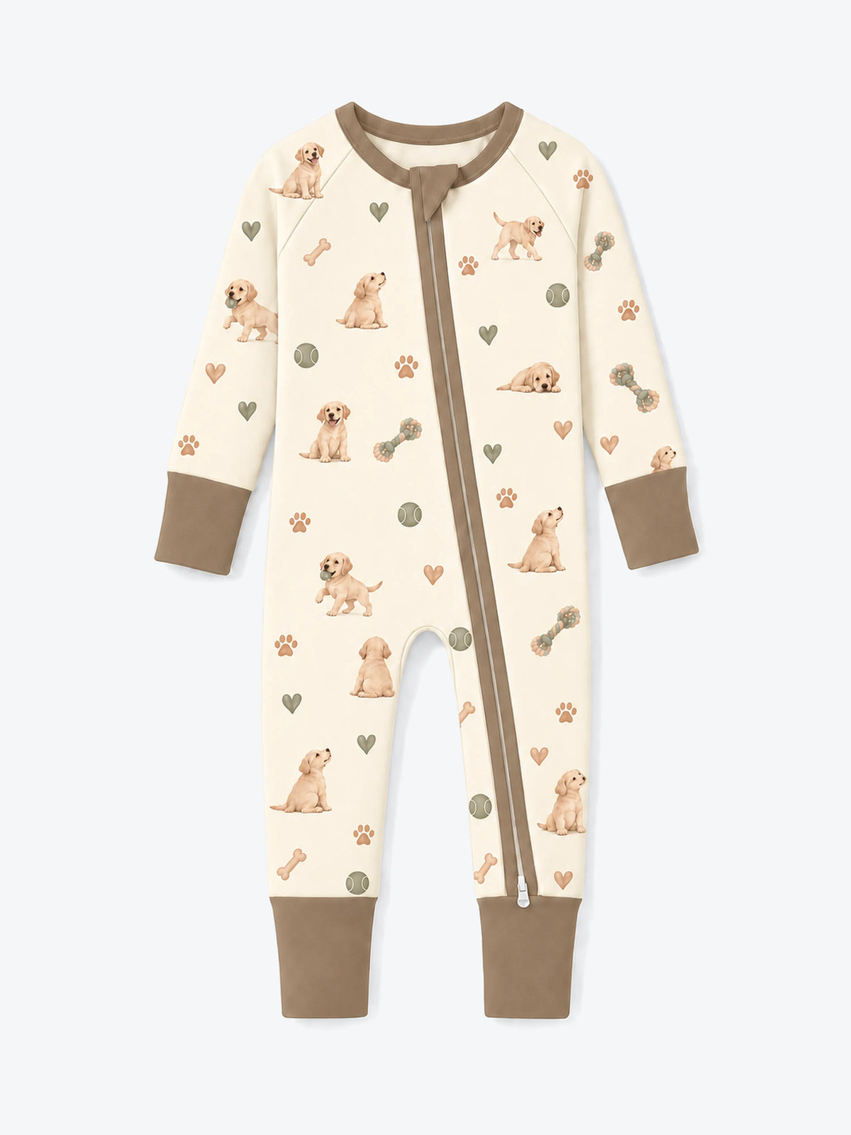MossiBaby little labradors zipper romper featuring golden Labrador puppies and toys on warm ivory