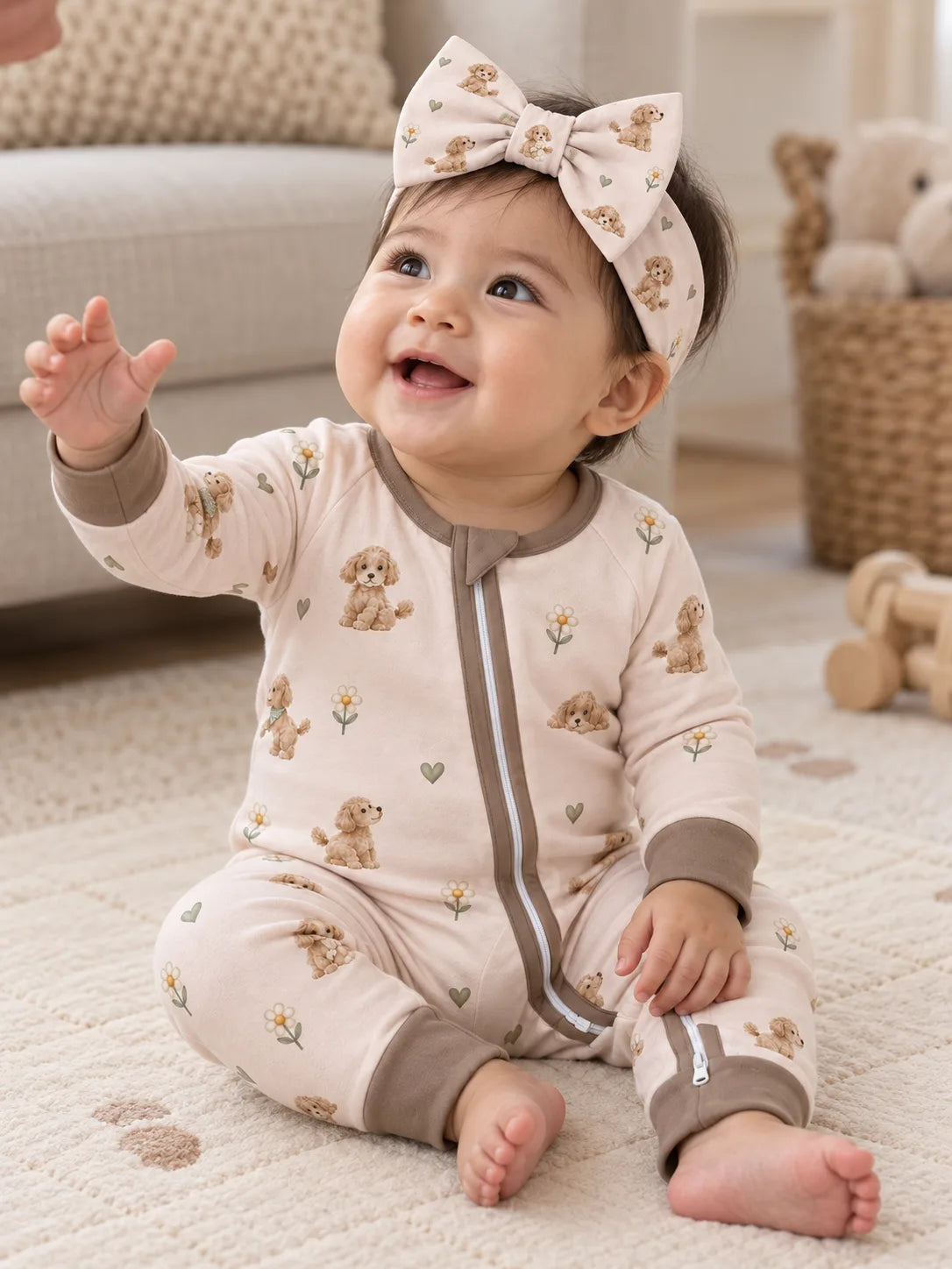 Baby wearing the MossiBaby Poodle Petals bow headband with a matching zipper romper at home