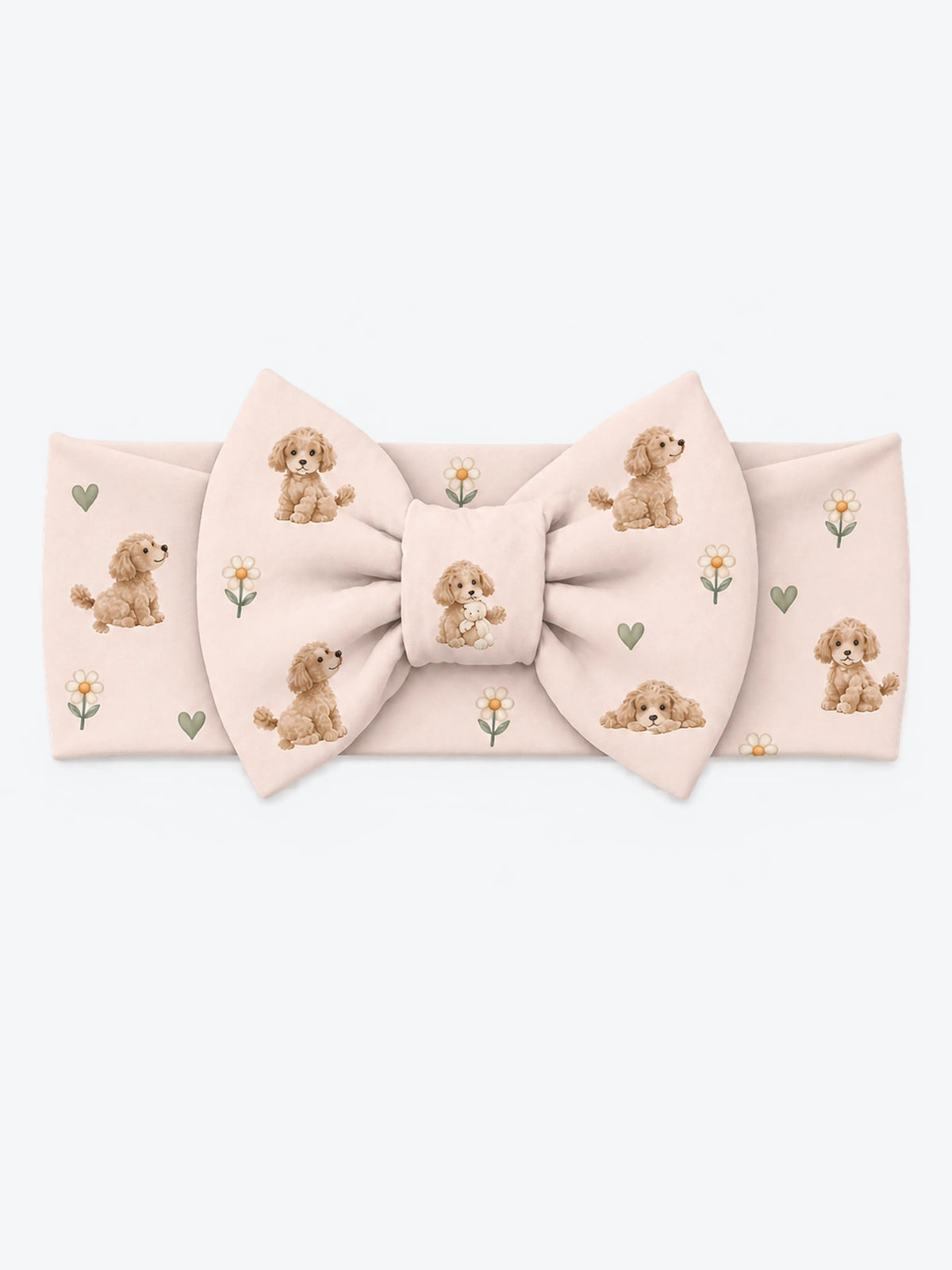 MossiBaby poodle petals bow headband featuring poodles and daisies on blush pink