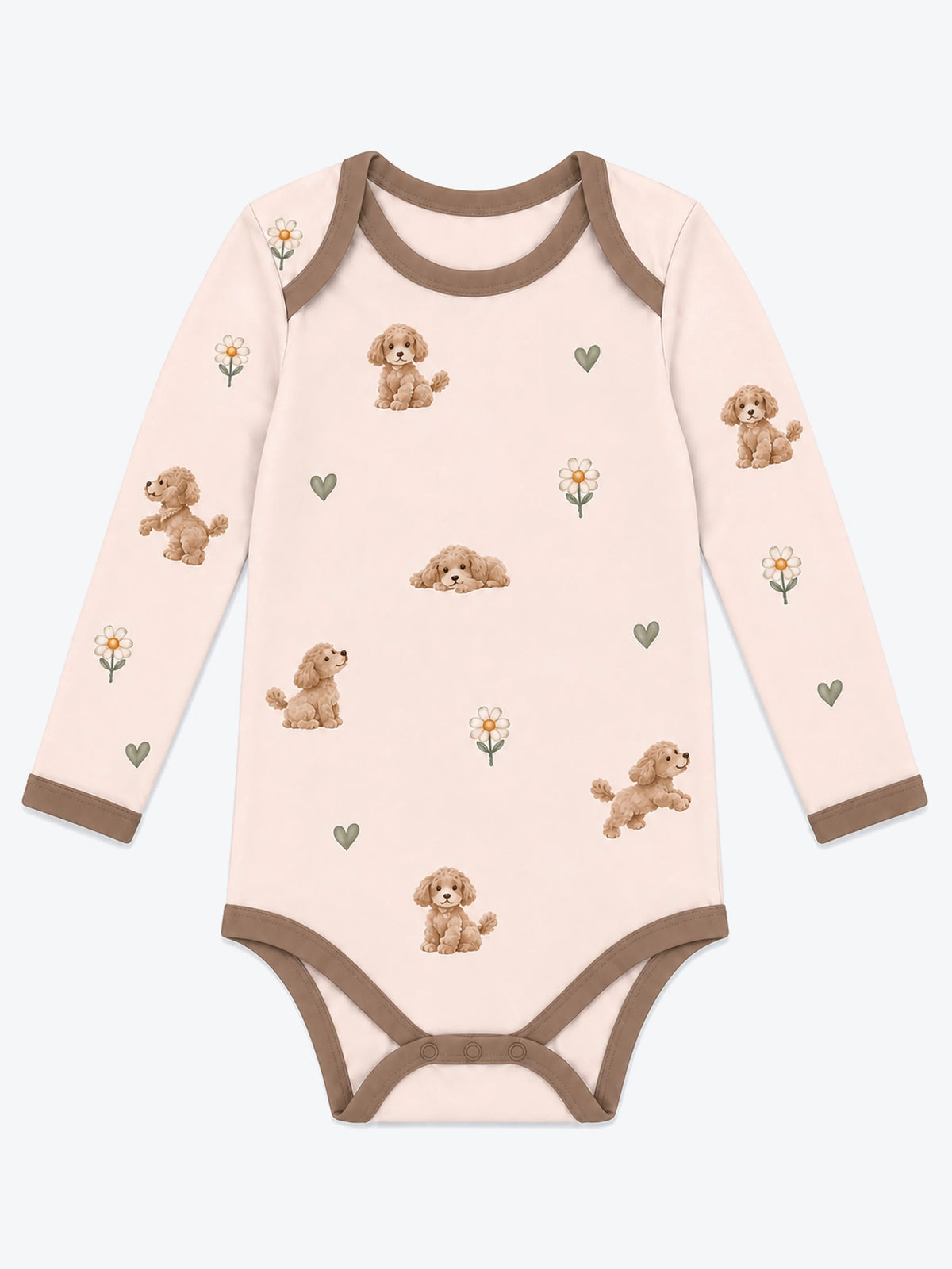 MossiBaby poodle petals long sleeve bodysuit featuring poodles and daisies on blush pink