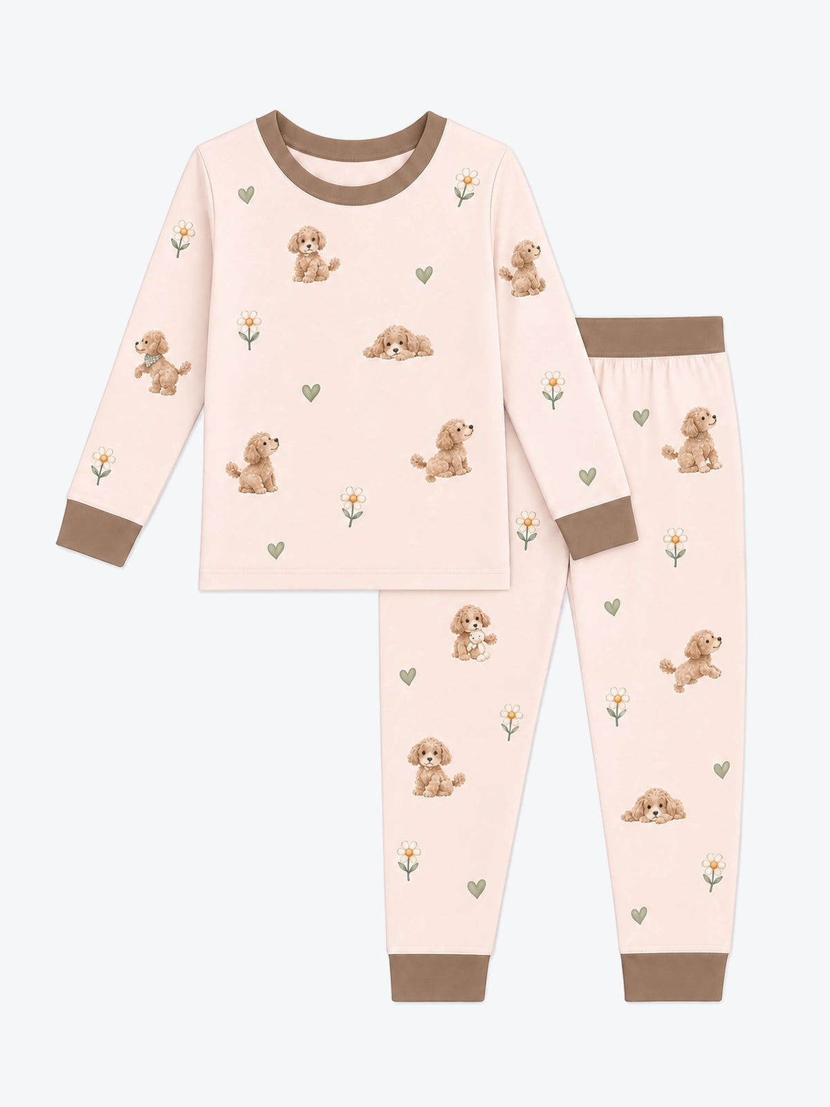 MossiBaby poodle petals long sleeve pajama set featuring poodles and daisies on blush pink