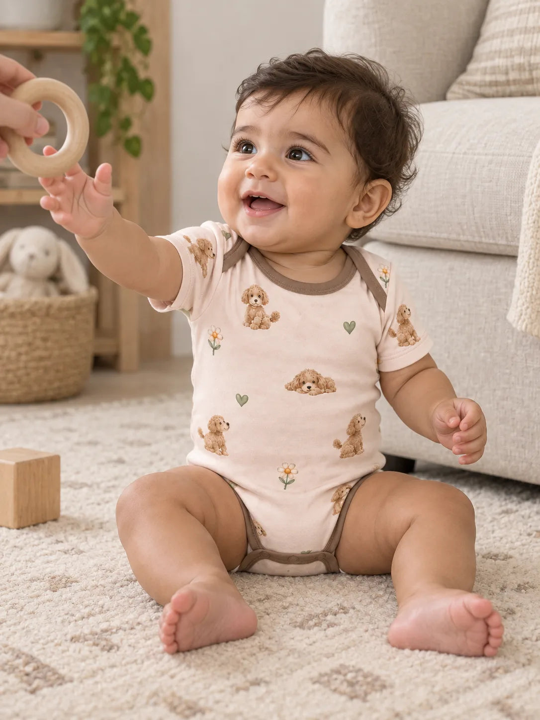 Baby wearing the MossiBaby poodle petals short sleeve bodysuit in an indoor lifestyle scene
