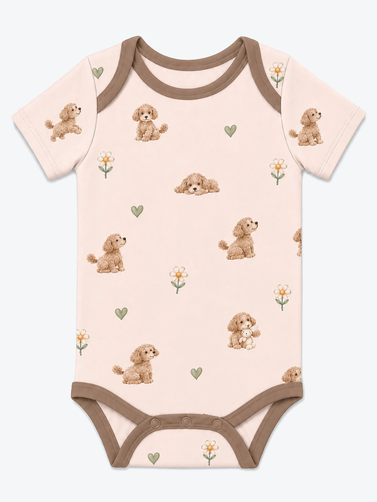 MossiBaby poodle petals short sleeve bodysuit featuring poodles and daisies on blush pink