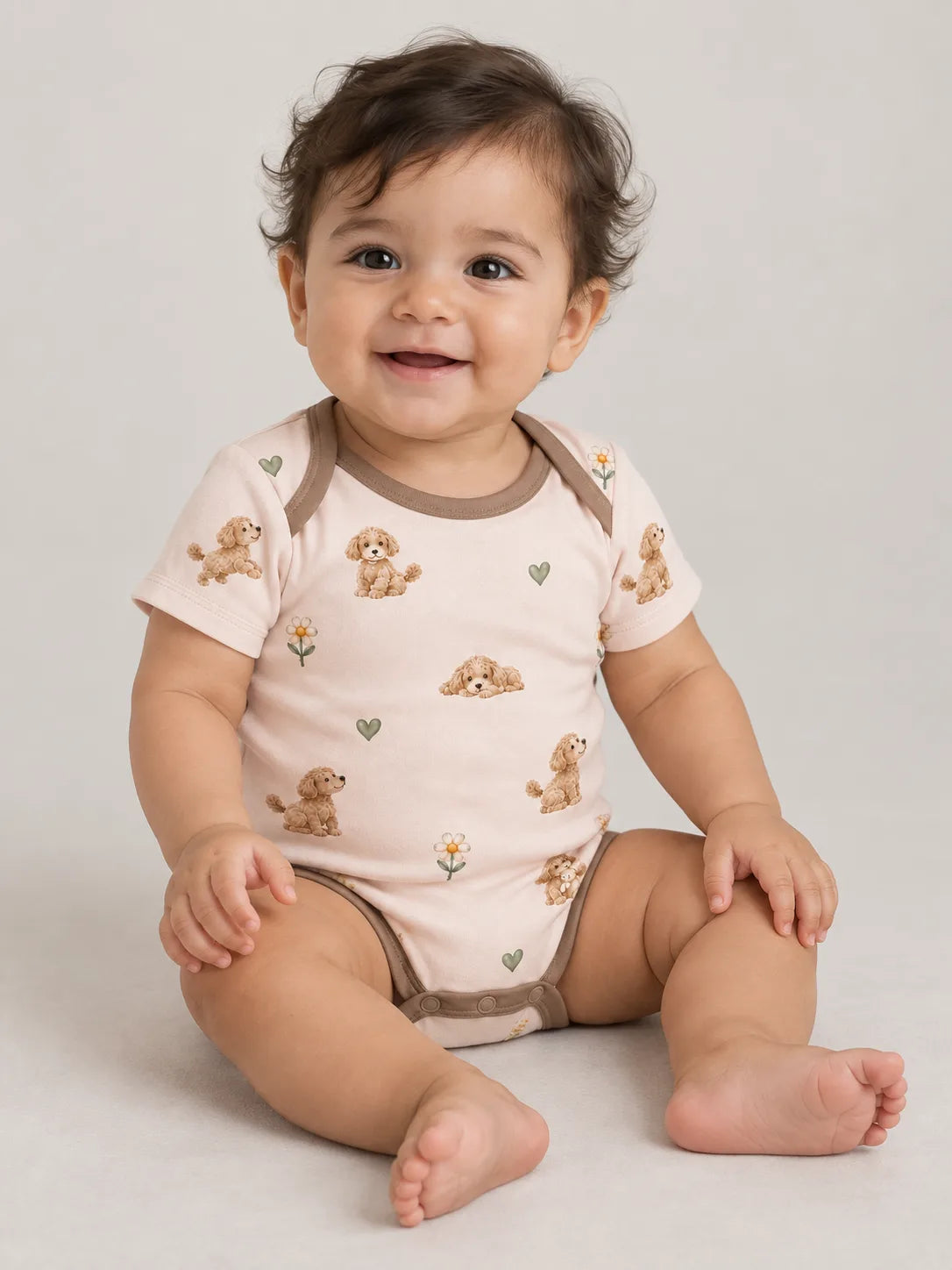 Baby wearing the MossiBaby poodle petals short sleeve bodysuit against a pale studio backdrop