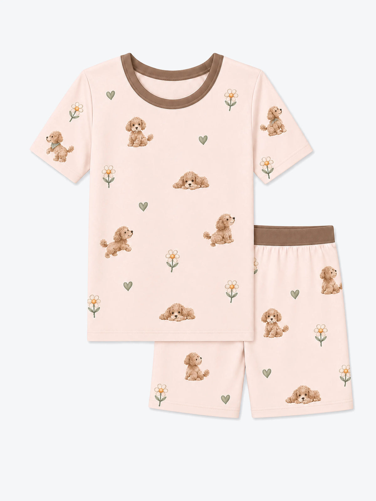 MossiBaby poodle petals short sleeve pajama set featuring poodles and daisies on blush pink