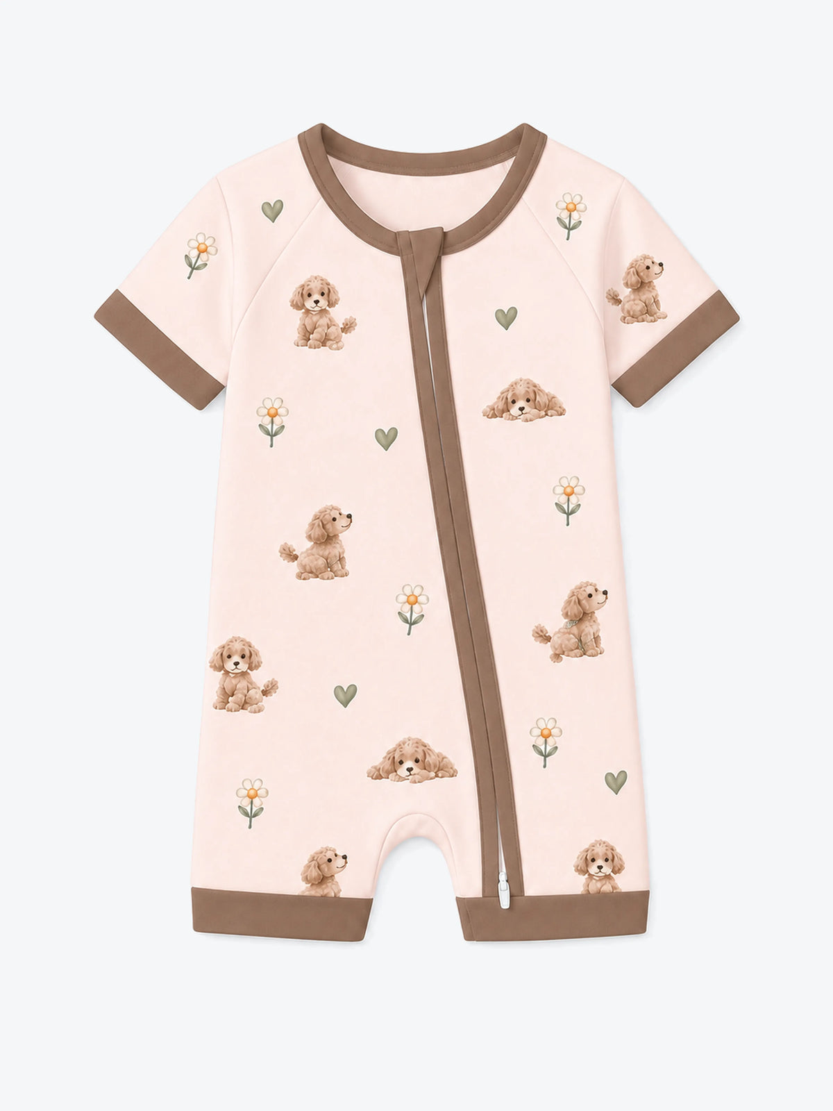 MossiBaby poodle petals shorty romper featuring poodles and daisies on blush pink