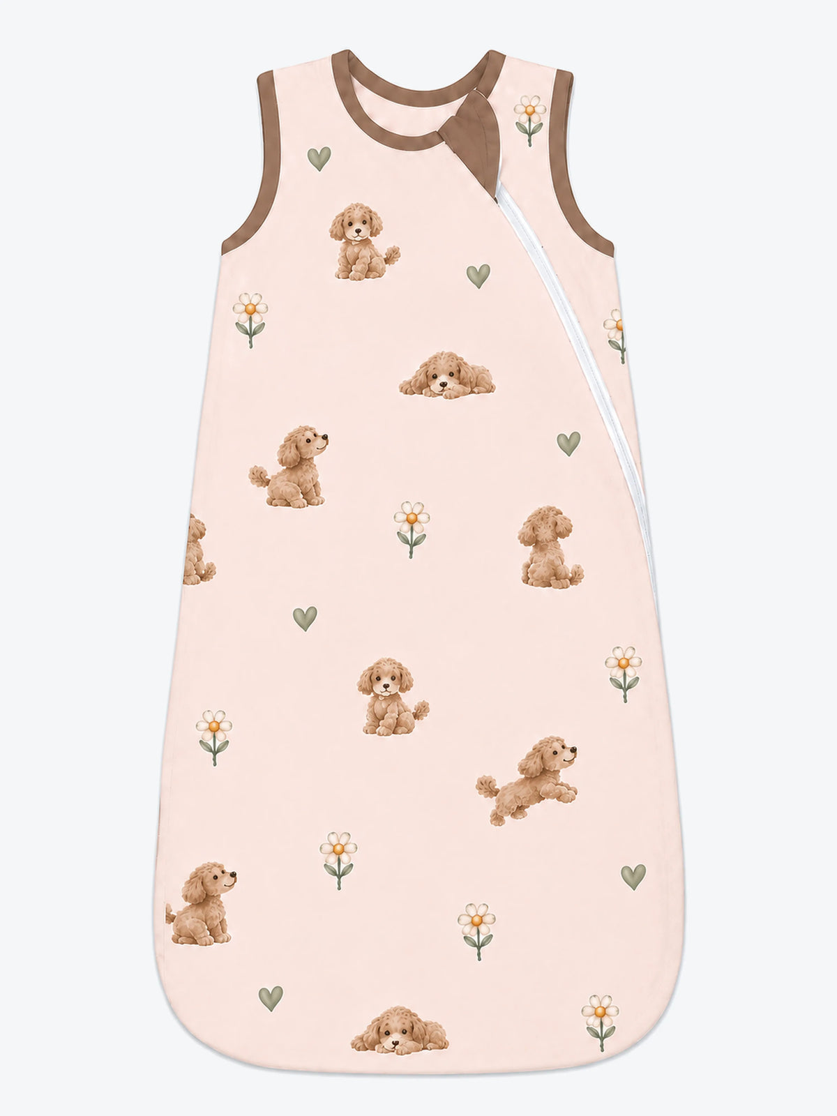 MossiBaby poodle petals sleep bag featuring poodles and daisies on blush 