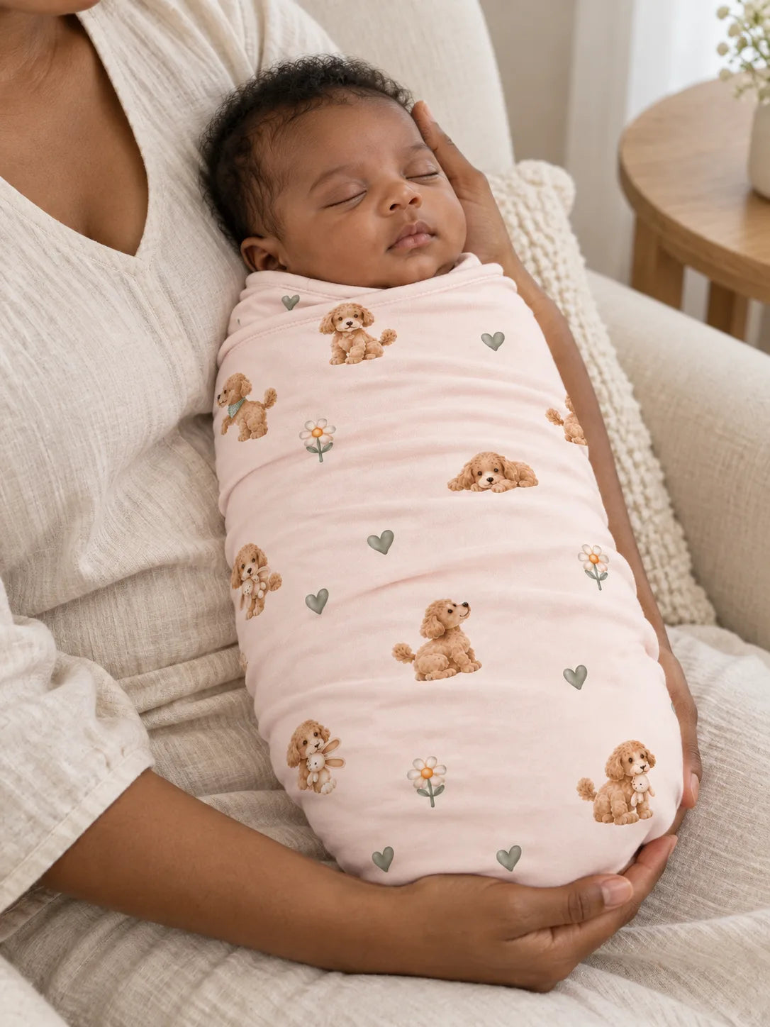 Baby wrapped in the MossiBaby poodle petals swaddle blanket in an indoor lifestyle scene