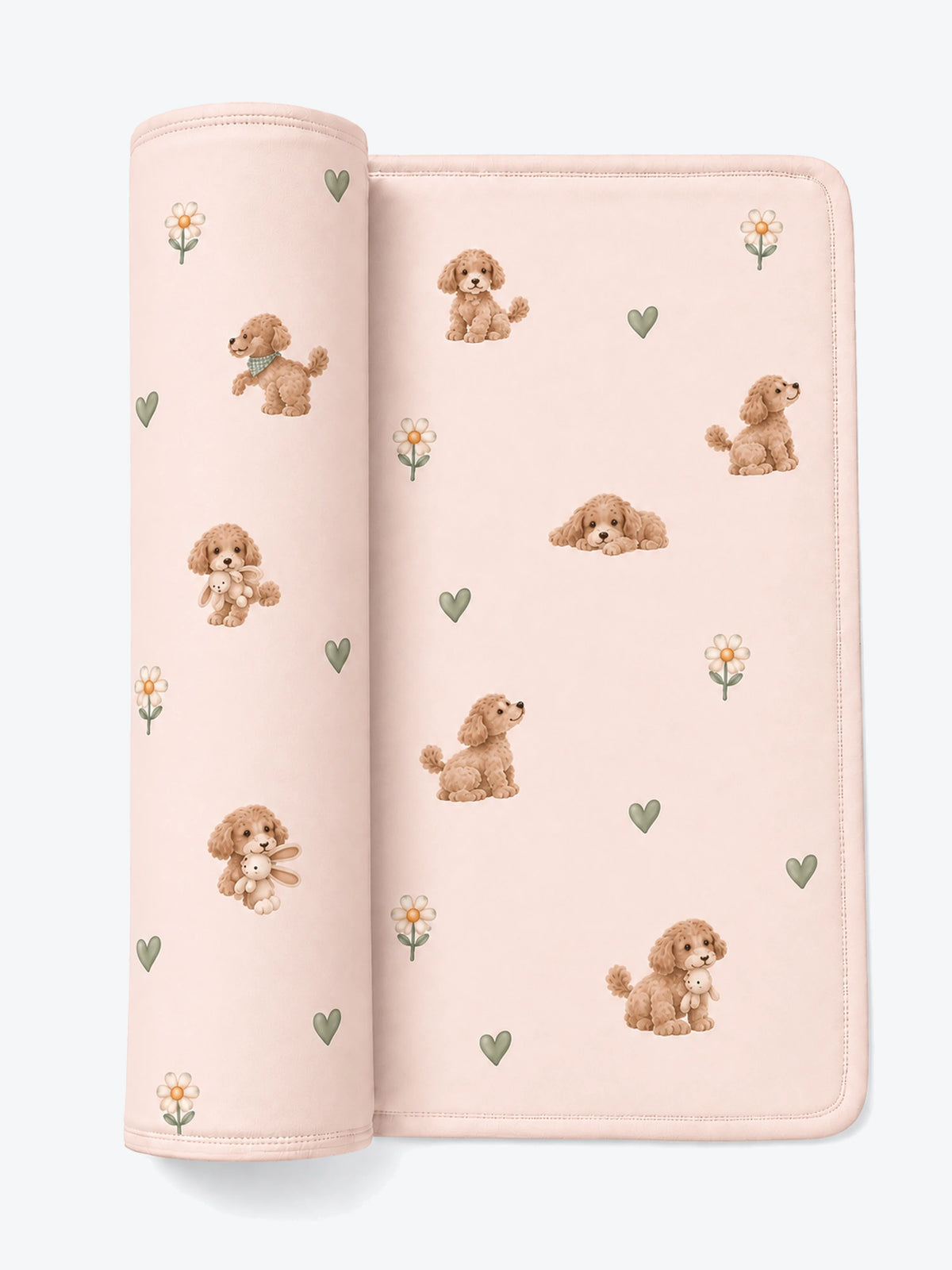 MossiBaby poodle petals swaddle blanket featuring poodles and daisies on blush pink