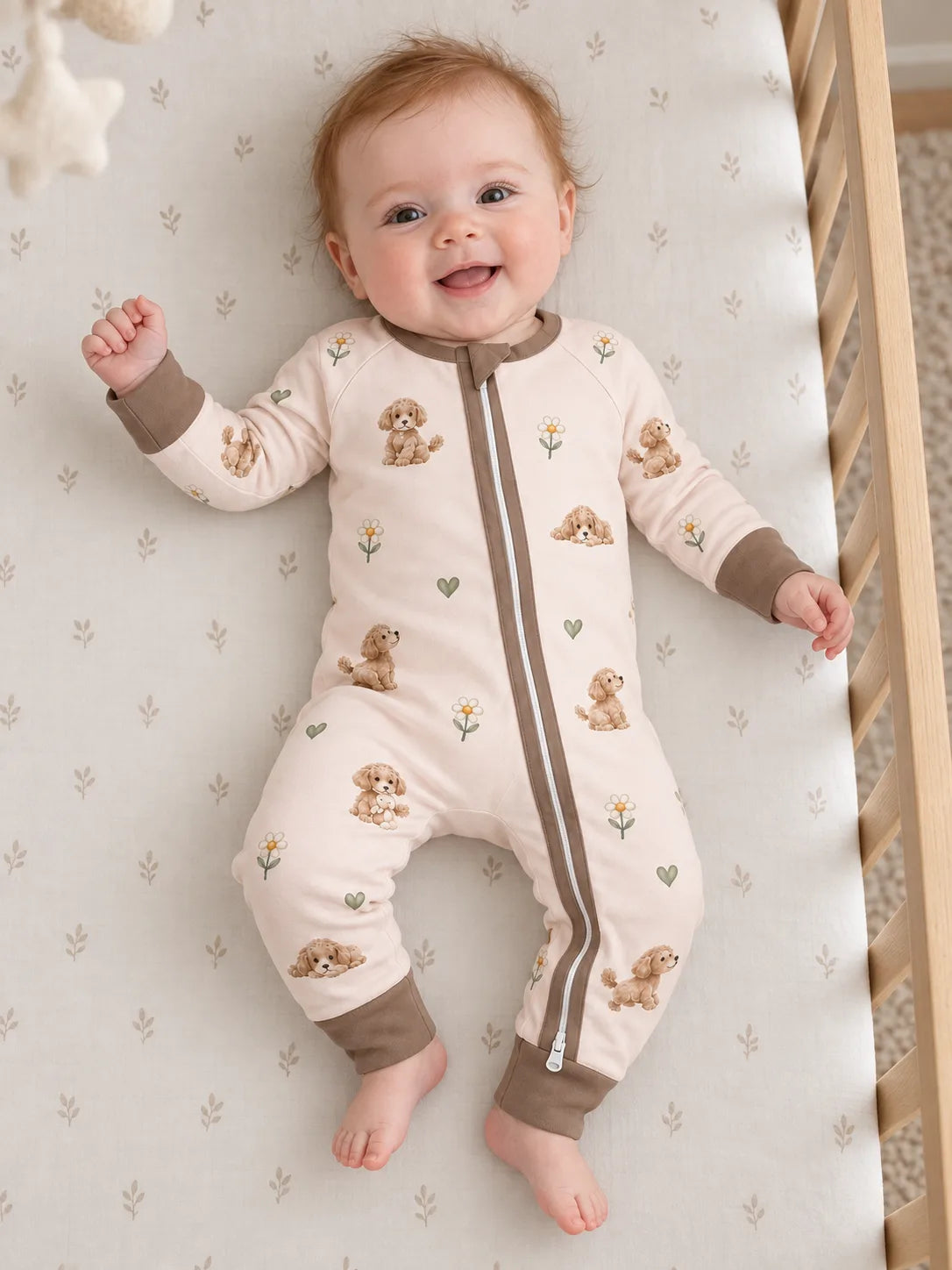Baby wearing the MossiBaby poodle petals zipper romper in an indoor lifestyle scene