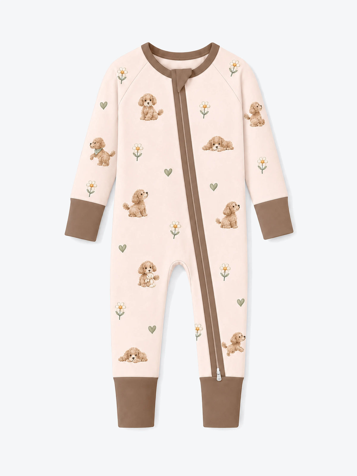 MossiBaby poodle petals zipper romper featuring poodles and daisies on blush pink