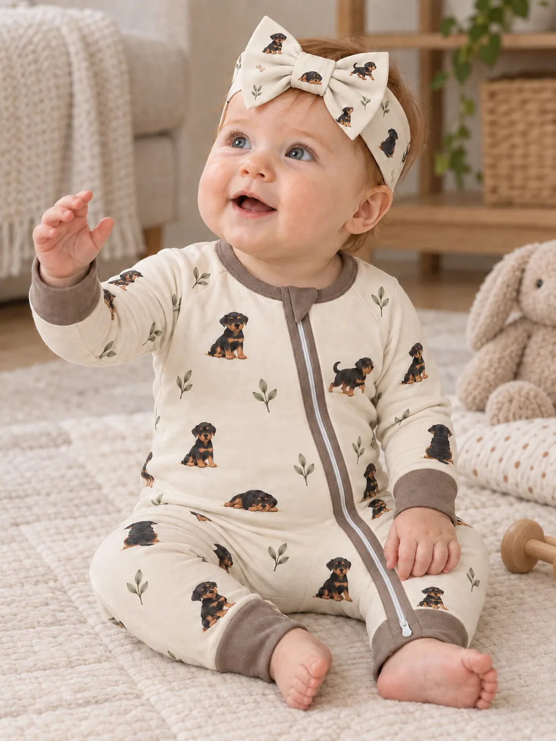 Baby wearing the MossiBaby Rottie Cuddles bow headband with a matching zipper romper at home