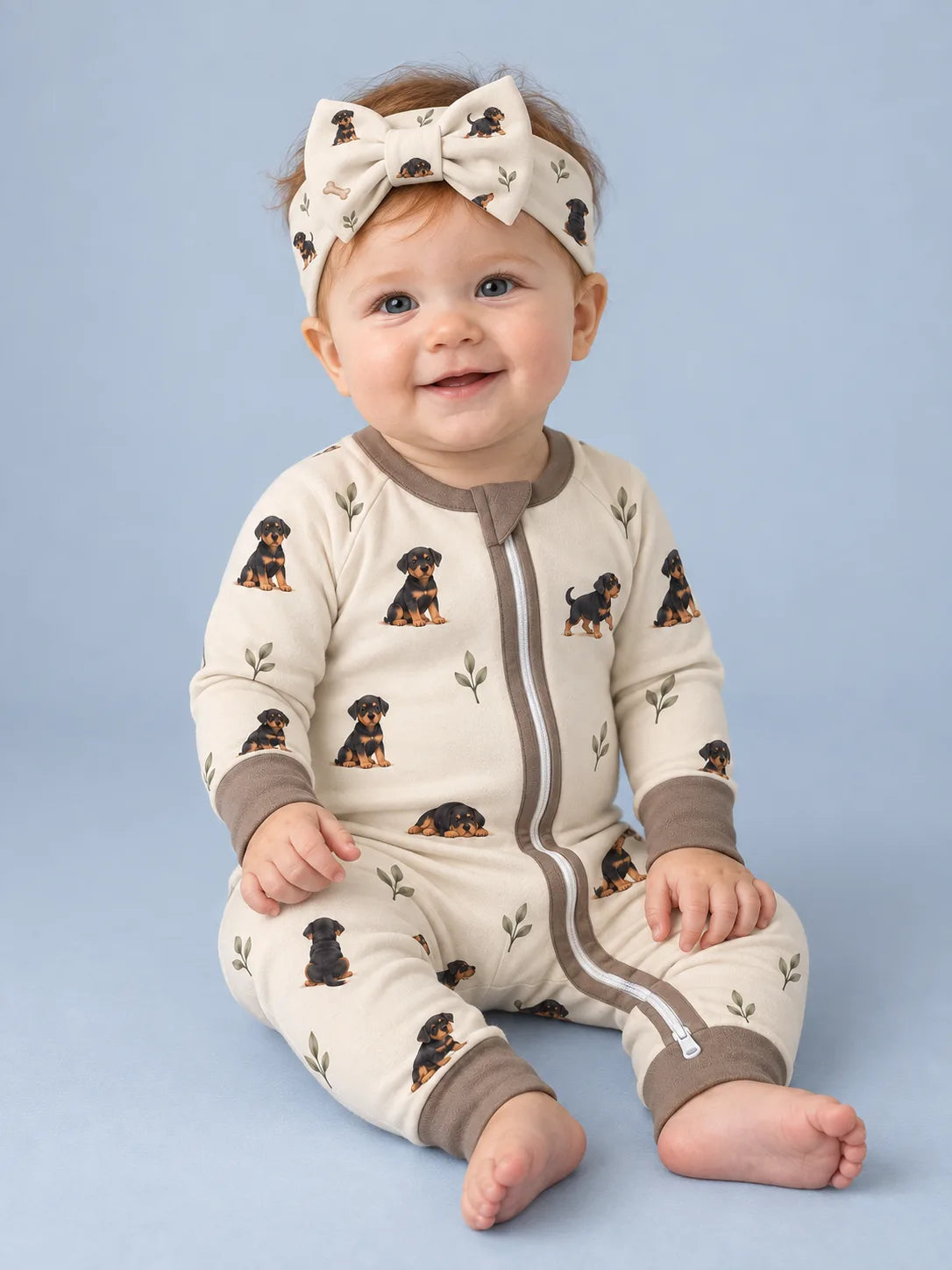 Baby wearing the MossiBaby Rottie Cuddles bow headband with a matching zipper romper against a pale studio backdrop