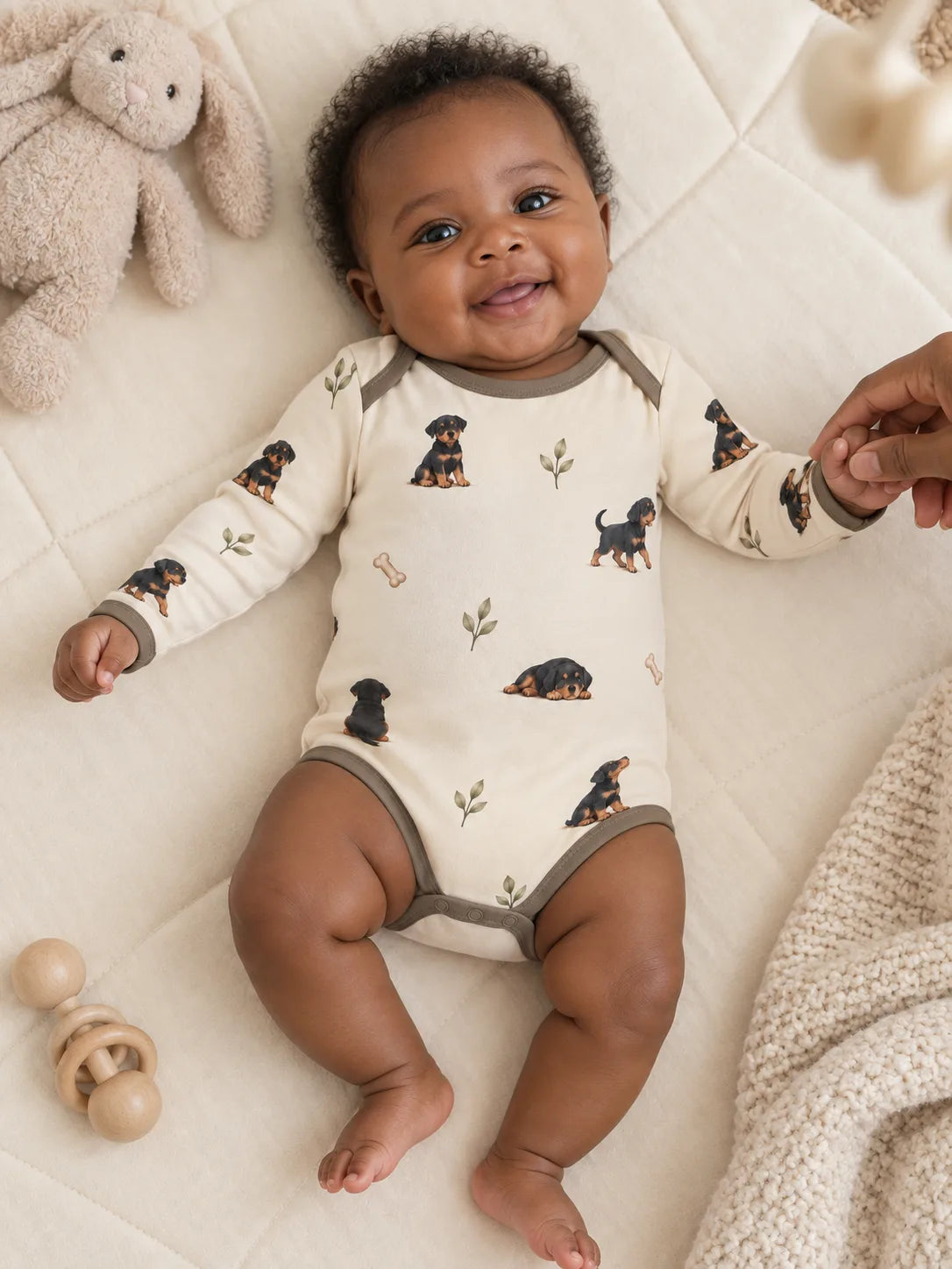 Baby wearing the MossiBaby rottie cuddles long sleeve bodysuit in an indoor lifestyle scene