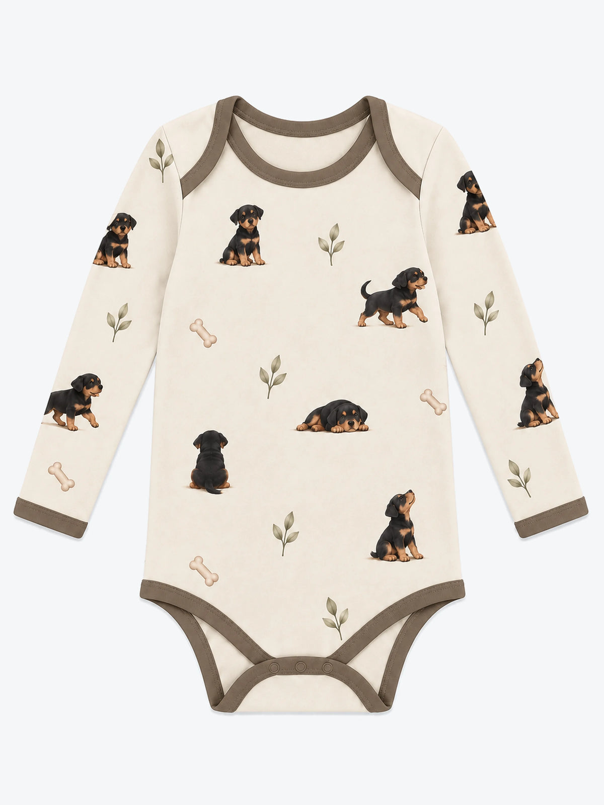 MossiBaby rottie cuddles long sleeve bodysuit featuring Rottweiler puppies and leafy sprigs on oatmeal