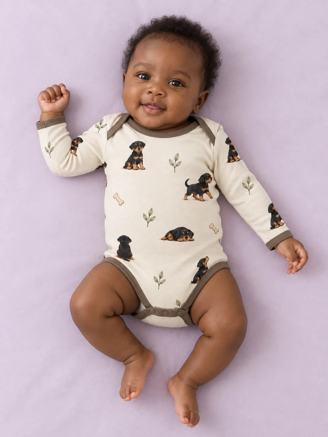 Baby wearing the MossiBaby rottie cuddles long sleeve bodysuit against a pale studio backdrop