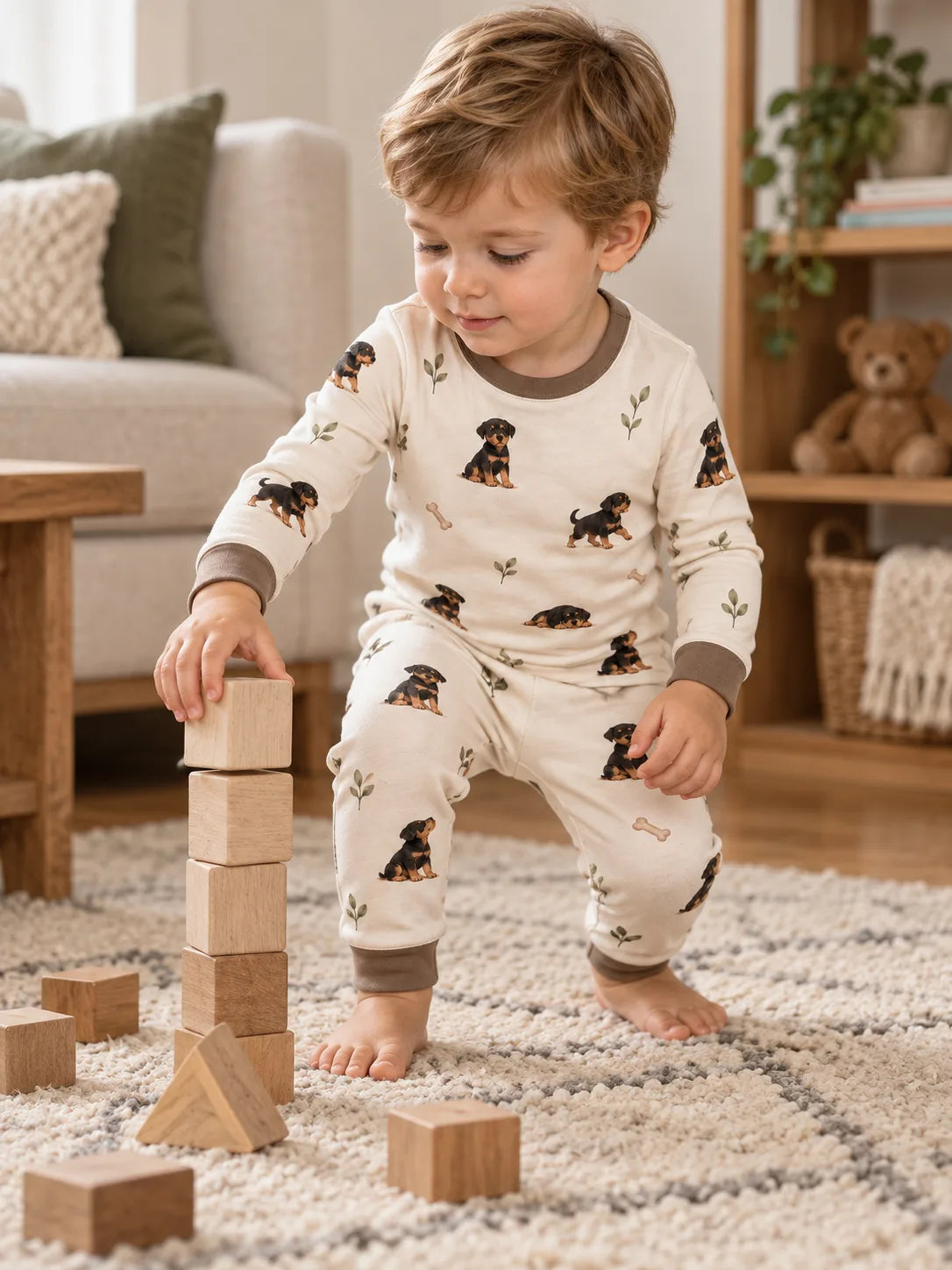 Child wearing the MossiBaby rottie cuddles long sleeve pajama set in an indoor lifestyle scene