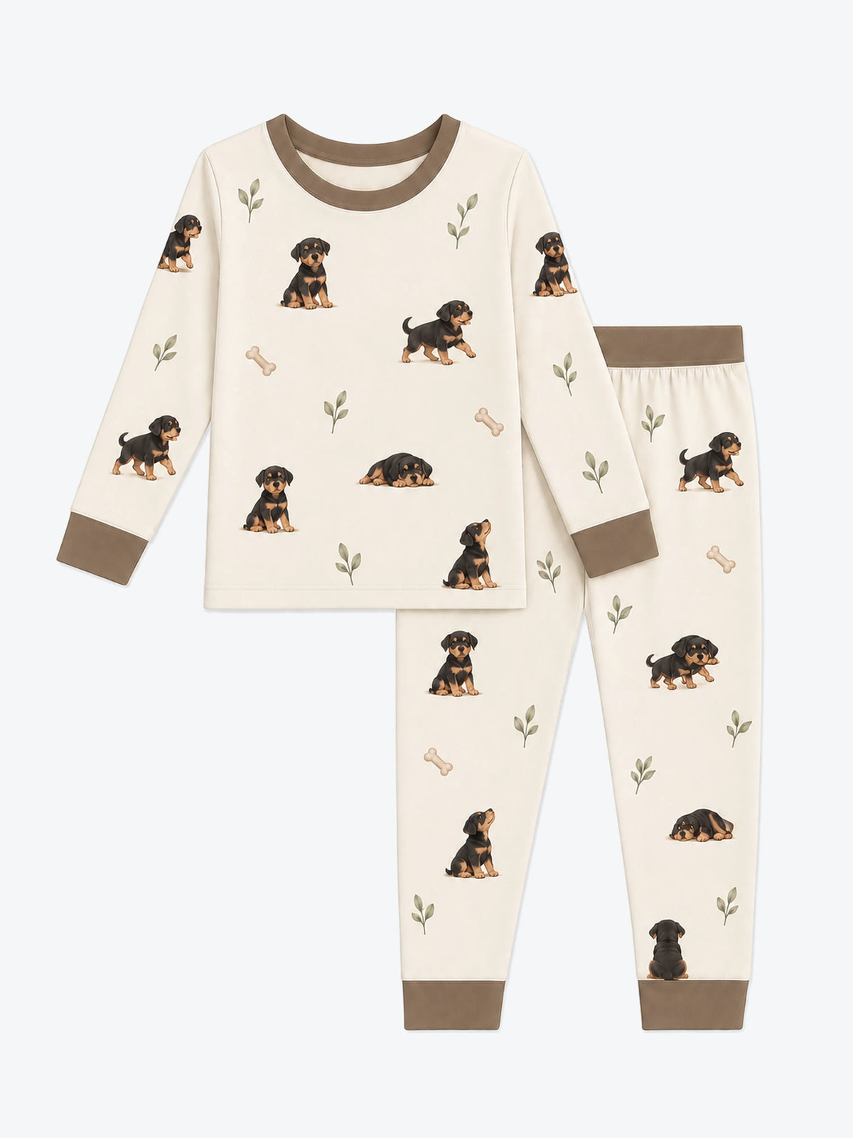 MossiBaby rottie cuddles long sleeve pajama set featuring Rottweiler puppies and leafy sprigs on oatmeal
