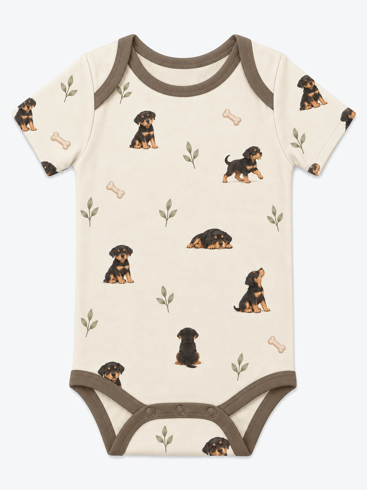 MossiBaby rottie cuddles short sleeve bodysuit featuring Rottweiler puppies and leafy sprigs on oatmeal