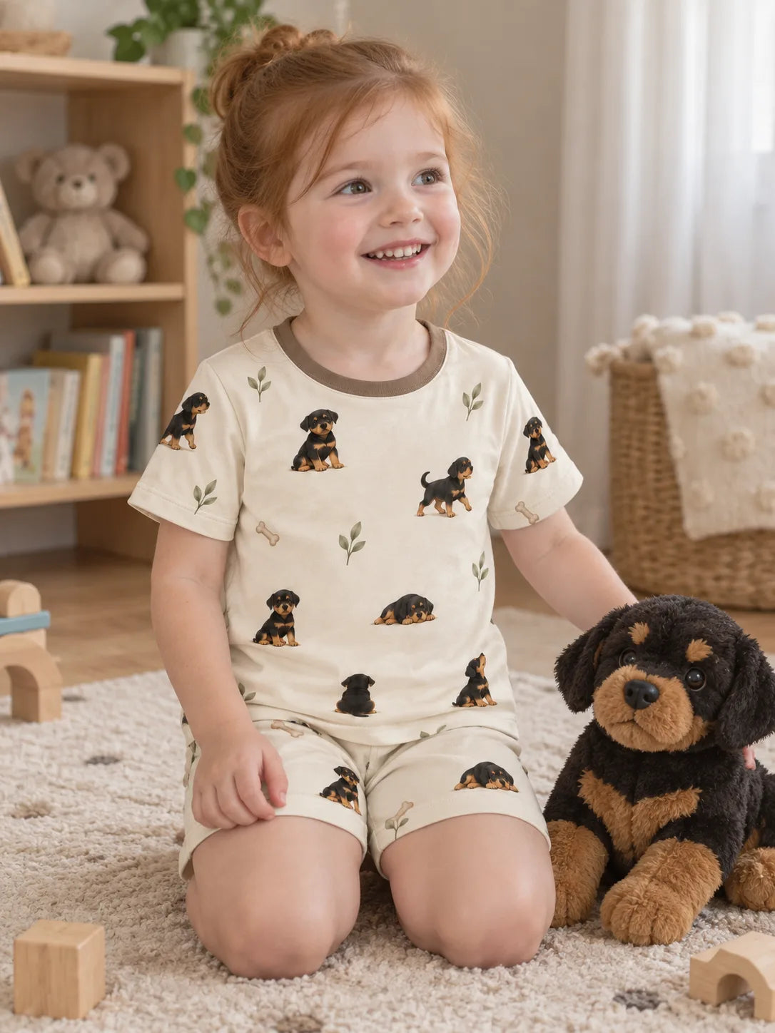 Child wearing the MossiBaby rottie cuddles short sleeve pajama set in an indoor lifestyle scene
