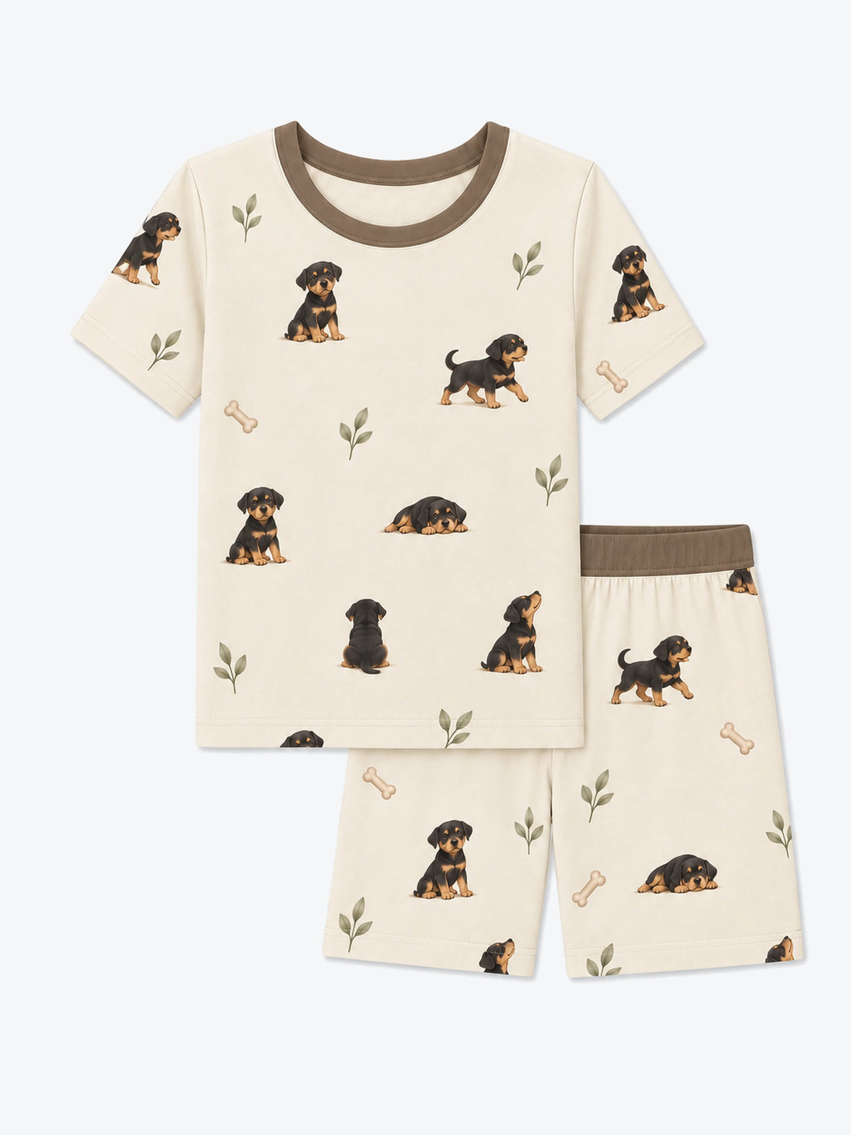 MossiBaby rottie cuddles short sleeve pajama set featuring Rottweiler puppies and leafy sprigs on oatmeal